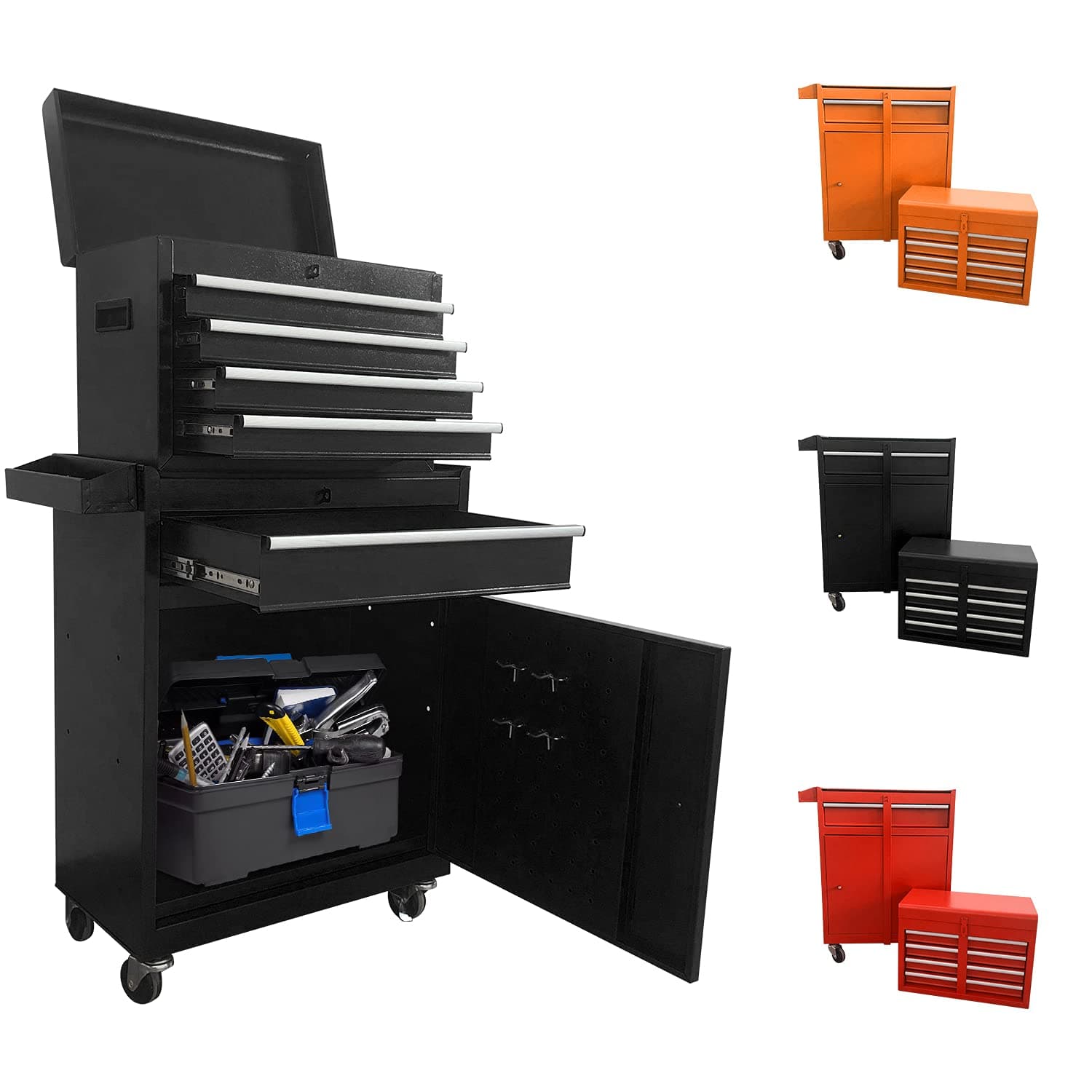 June Win 5-Drawer Rolling Tool Chest, High Capacity Storage Cabinet, 2 in 1 Removable Toolbox Organizers with Sliding Metal Drawer and Locking System, Organizer for Workshop Warehouse(Black)