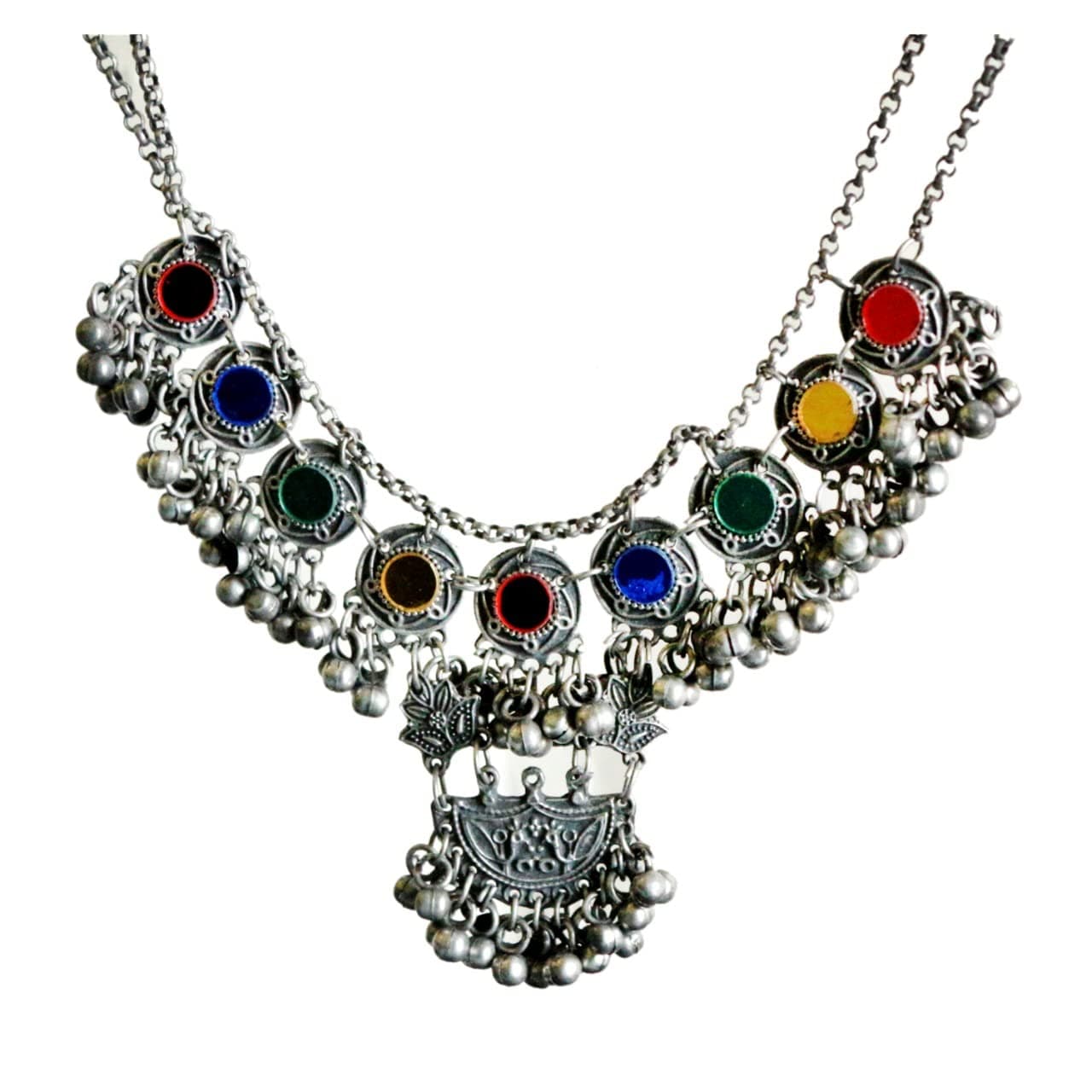 Jewel IndiaIndian Antique Afghani Silver Oxidized Polish Heavy Ghungroo Bells Boho Gypsy Banjara Statement Choker Thread Necklace Earrings Jewelry for Women Girls