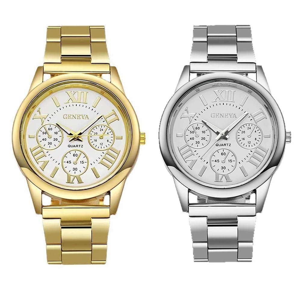 Women Girls Wholesale 2 Pack Watch Set Roman Numerals Dial with 3 Decorated Small Sub-dials Men Business Stainless Steel Quartz Analog Wrist Watches