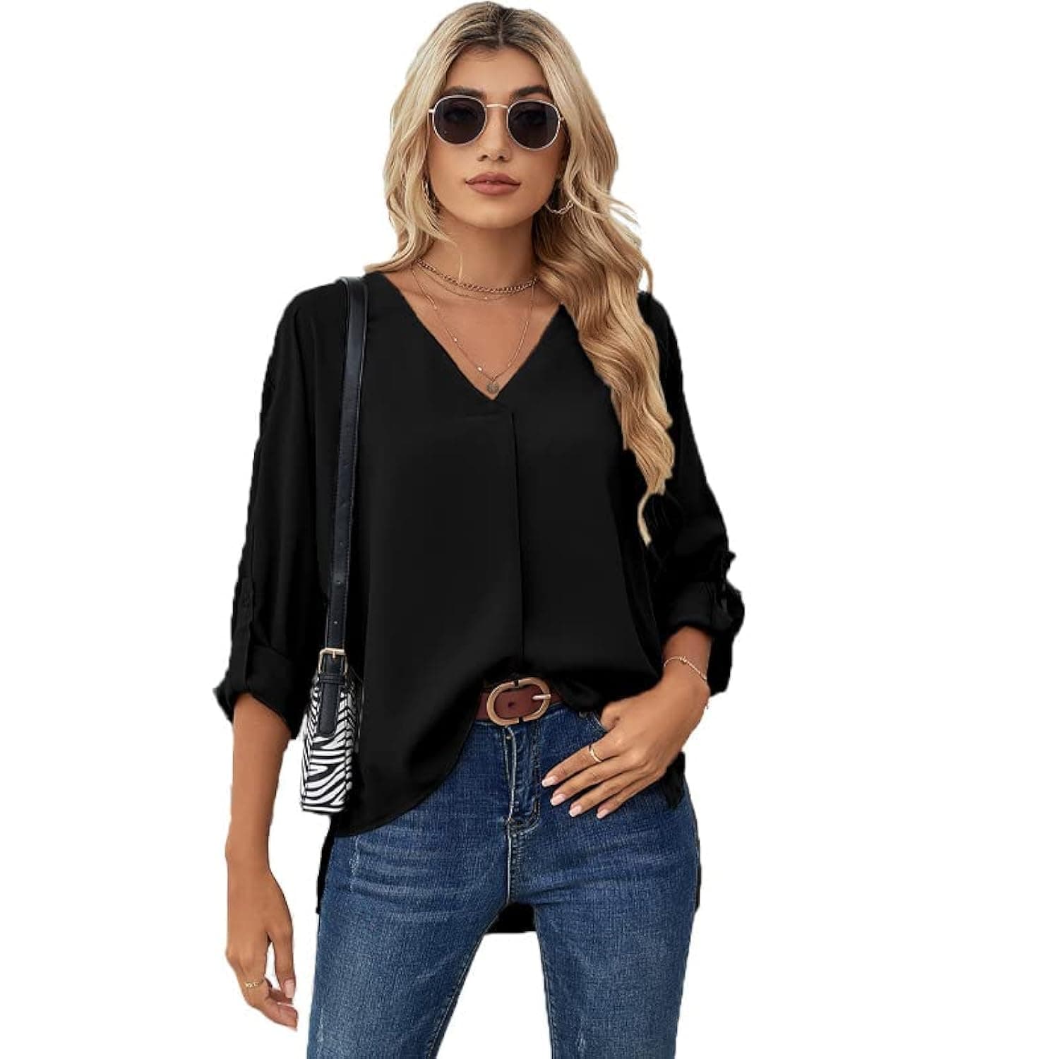 SeocsingWomen's Summer Silky V-Neck Long Sleeve Blouses Shirts Casual Solid Color Soft Satin Shirt Tops Womens Elegant Temperament Chiffon Shirts Office Work Shirts 3/4 Sleeve T-Shirt Tops