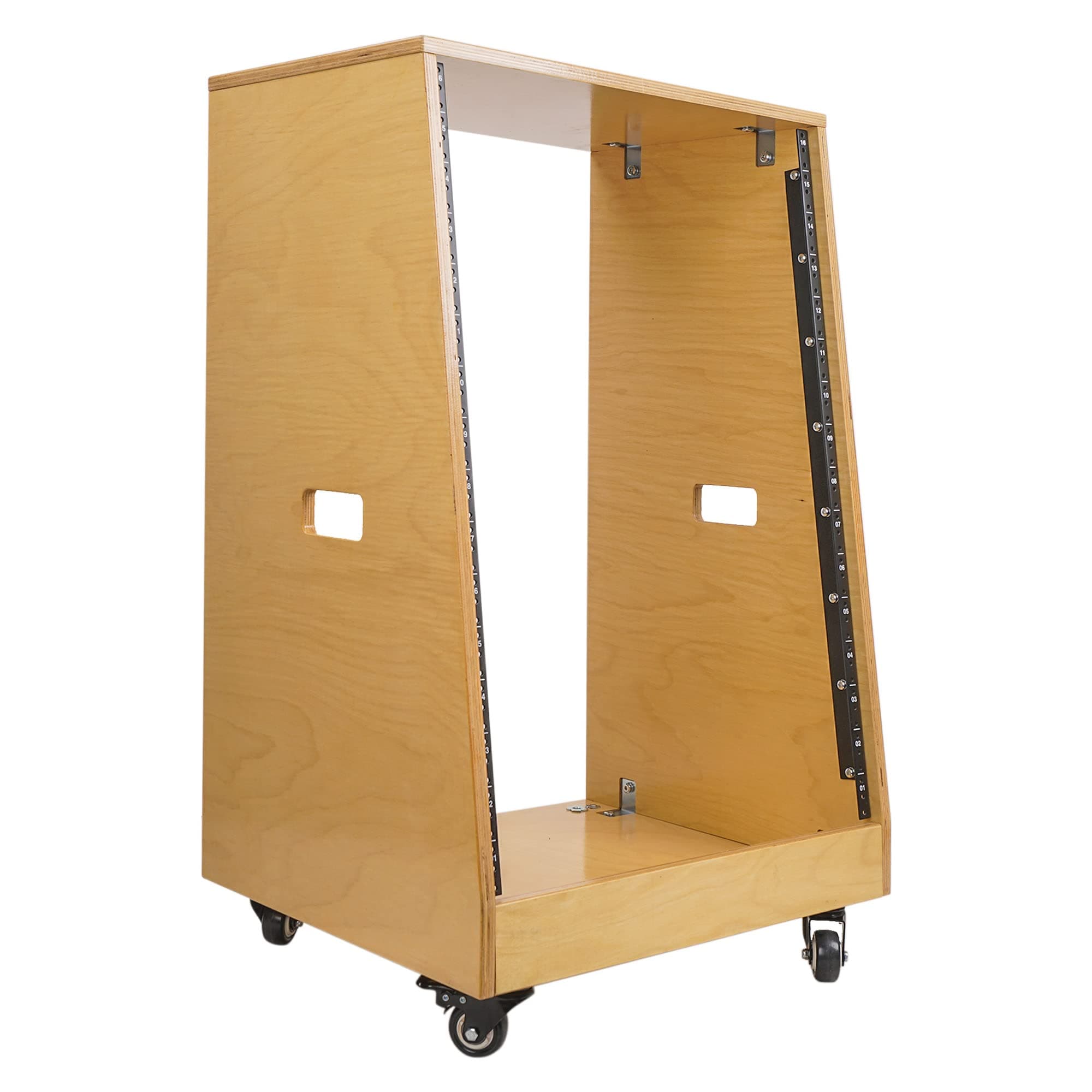 Sound Town DIY Solid Baltic Birch Plywood Slanted 16U Studio Rack, Golden Oak, Rubber Feet, Casters (SDRK-16T)