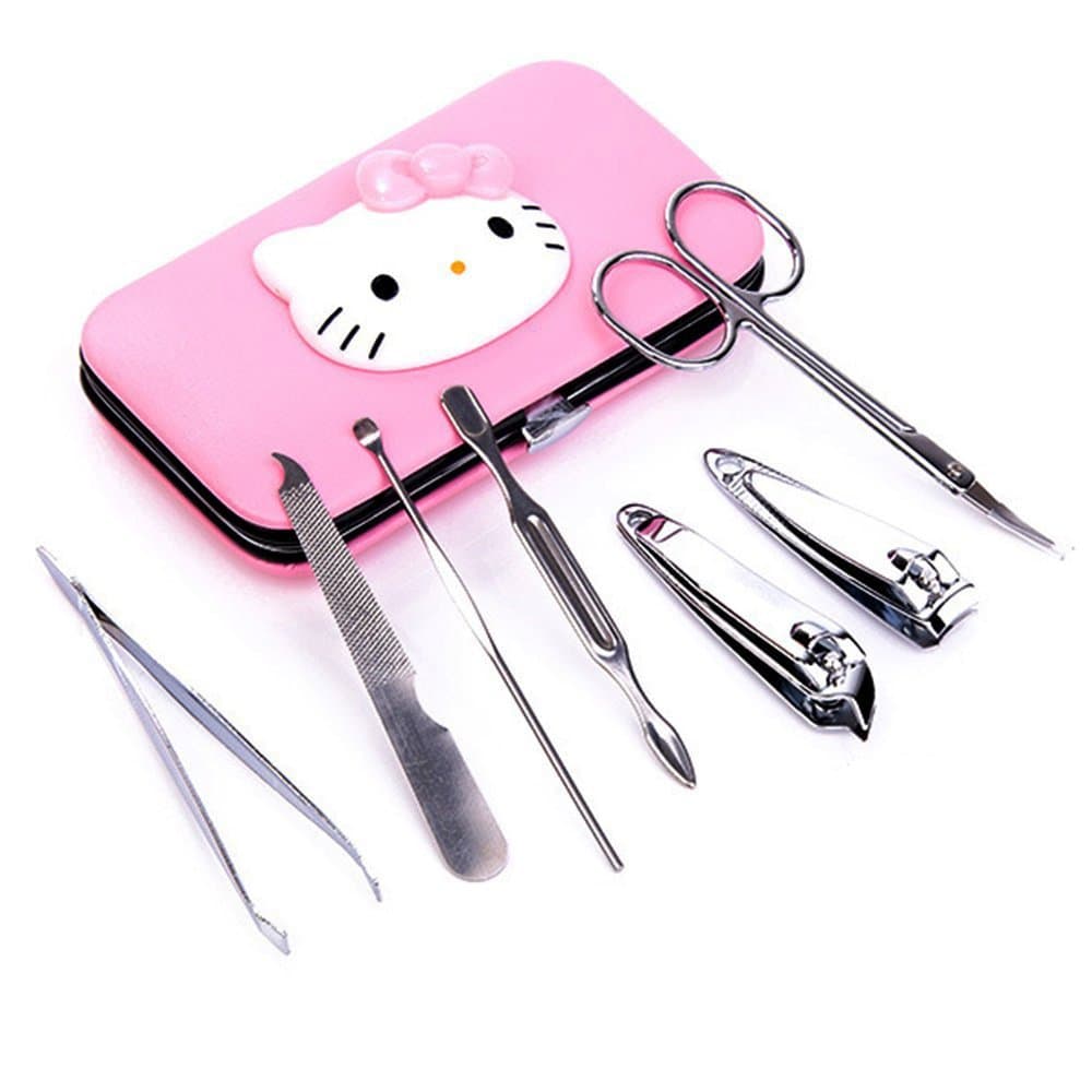 Domai New Fashion Women Stainless Steel Nail Tool Set to Build Manicure Kit Nail Clipper with Hello Kitty Case (7 Piece/One Set of Pack)