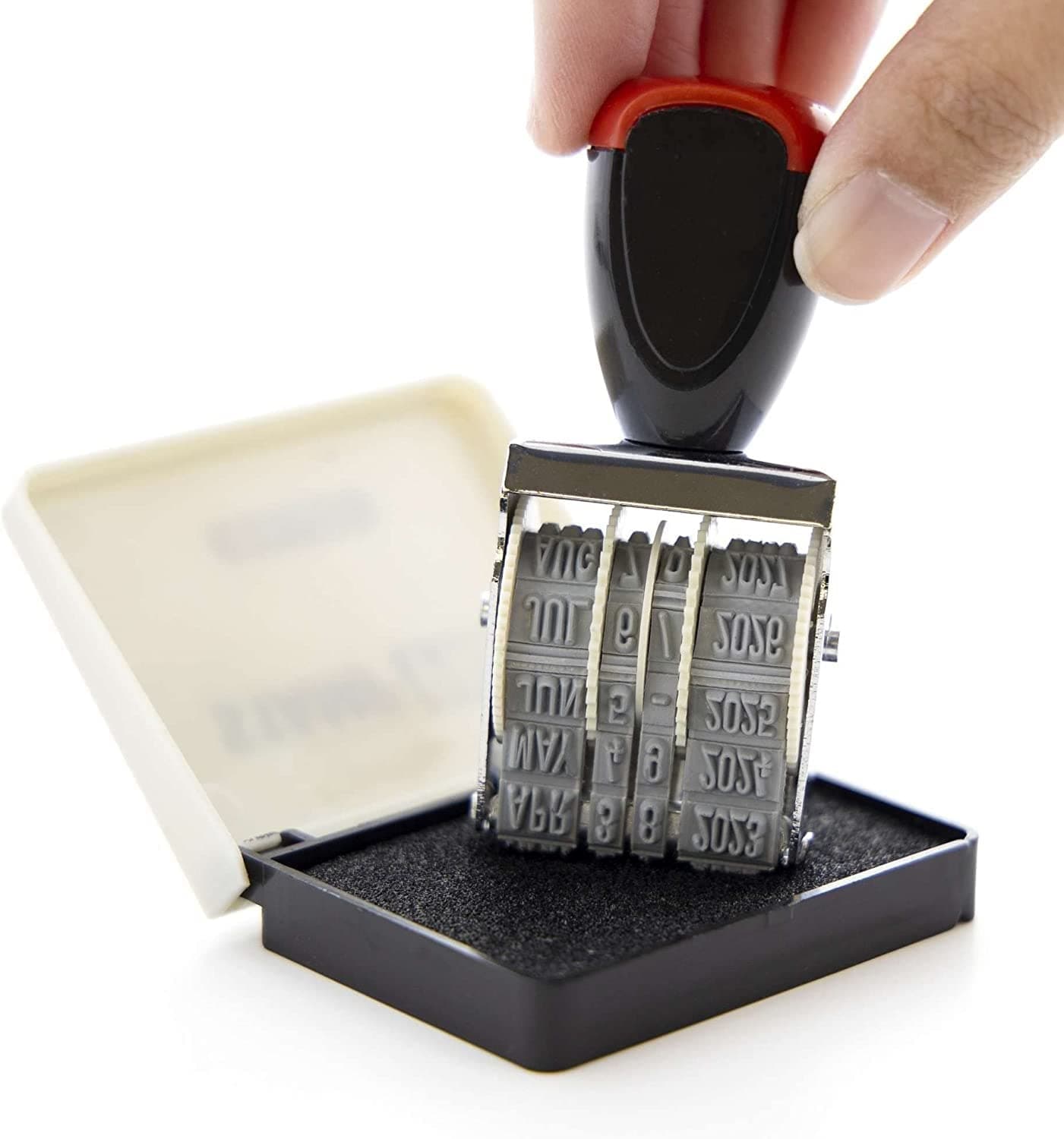 Date Stamp, Day, Month, Year Hand Stamp with Ink Pad, Black Text, Rubber Date Stamps and Stamp Pad, Durable Rotating Date Stamper, Adjustable for Custom Use - Perfect for Home, School and Office Use