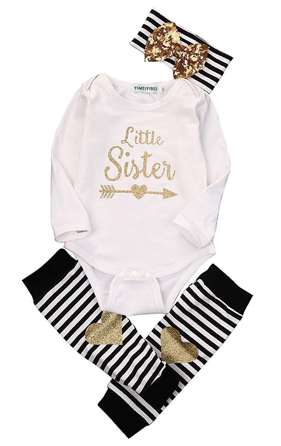 Baby Girls Little Sister Outfits Long Sleeve Bodysuit Romper + Striped Leg Warmer + Headband 3Pcs Clothes