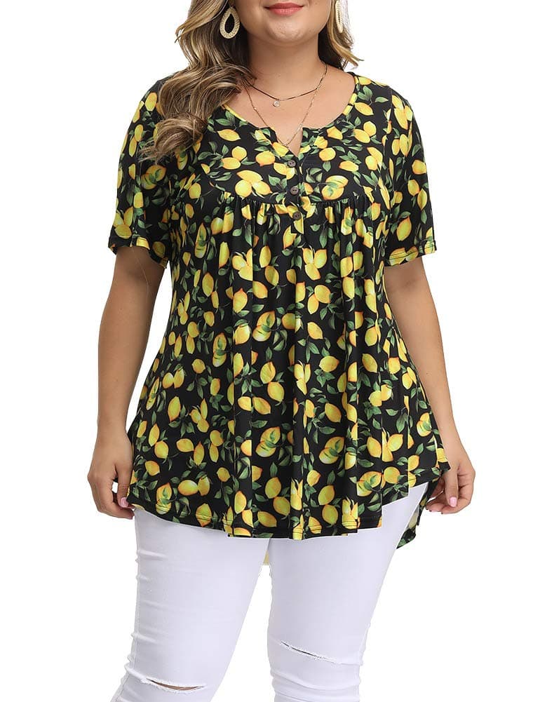 ALLEGRACE Women's Plus Size Tunic Tops Summer Short Sleeve V Neck Blouses Ruffle Flowy Button Up T Shirts