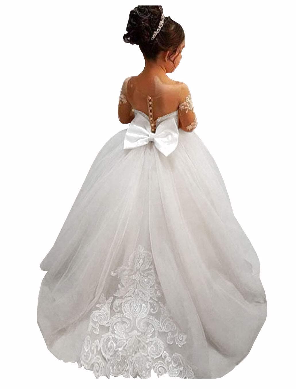 White Ivory Lace Long Sleeve Flower Girl Dresses Princess Gown Pageant Dress GZY202