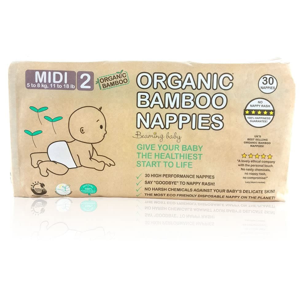 Beaming Baby Organic Bamboo Eco Nappies Size 2 (5-8 kg/11-18 lb) 30 in Pack. Biodegradable, Hypoallergenic for Sensitive Skin, Recyclable Paper Packaging