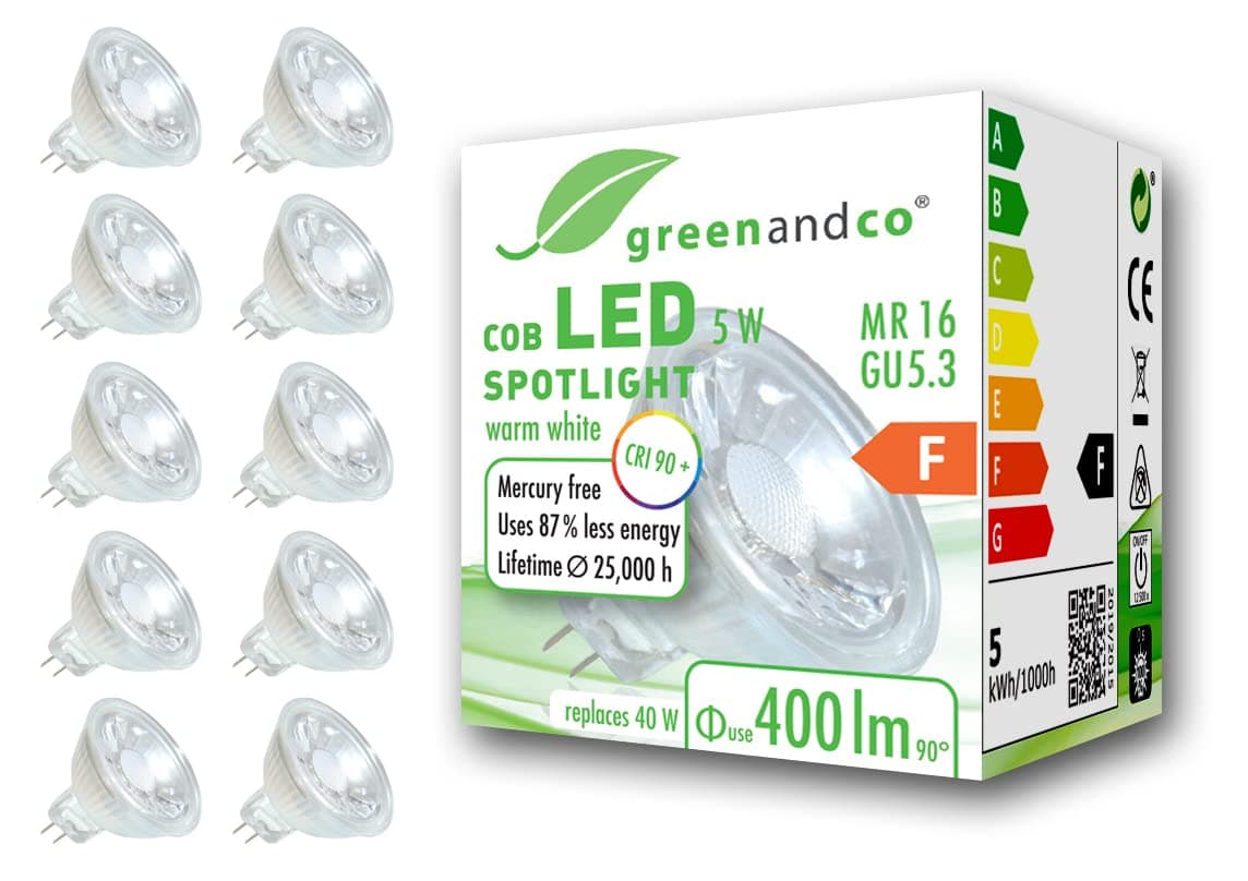 greenandcoCRI 90+ MR16 GU5.3 LED Spot 5W Replaces 40W 400lm 3000K (Warm White) 38° Beam Angle 12V AC/DC Glass Body with Protective Glass, 10-Pack