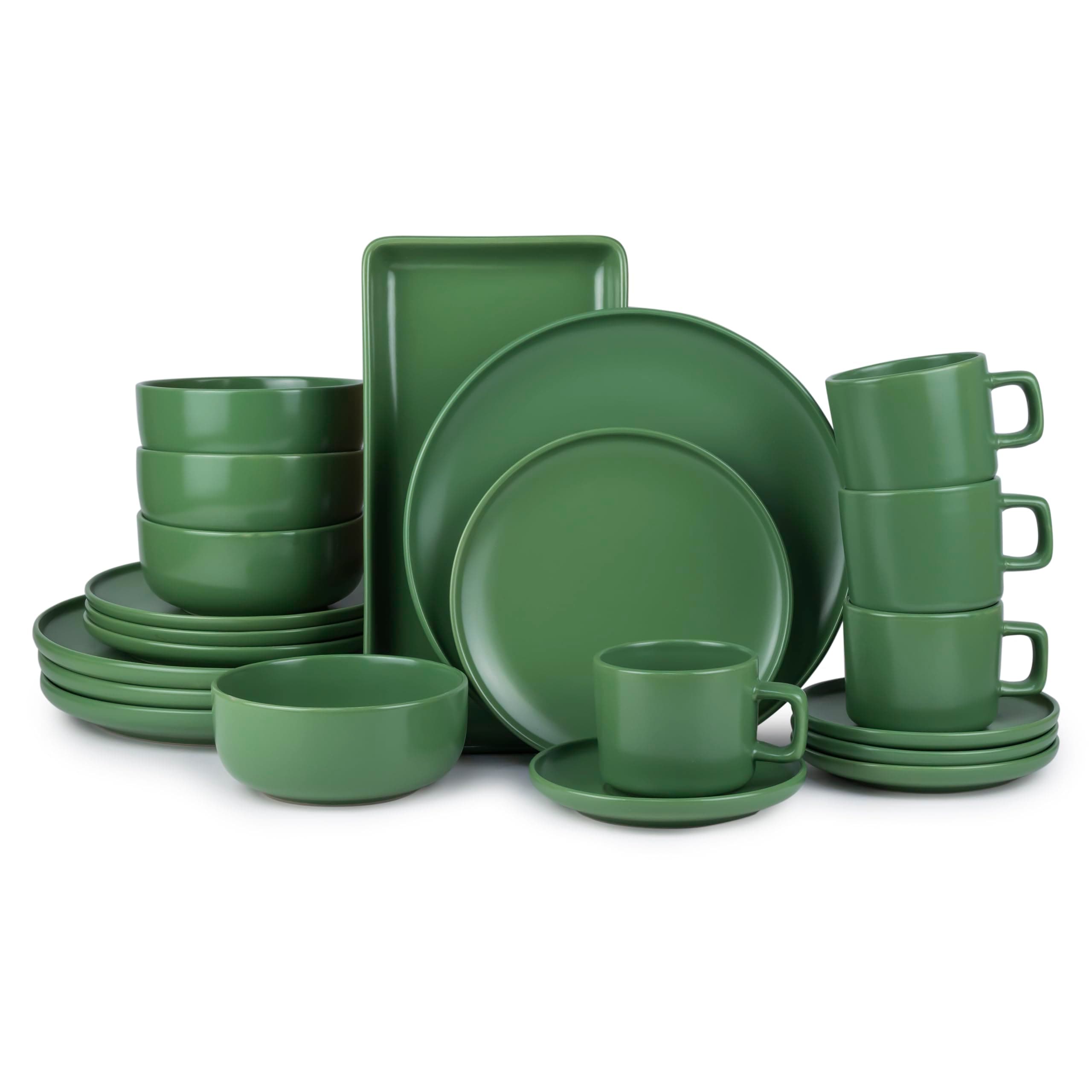 21-Pieces Stoneware Dinnerware Set, Dinner Set, Kitchen Dinnerware Ceramic Crockery Set, Dinner Service Set for 4, 26cm Dinner Plate, 20m Plate, Cereal Bowl, cup & saucer, Platter LANA