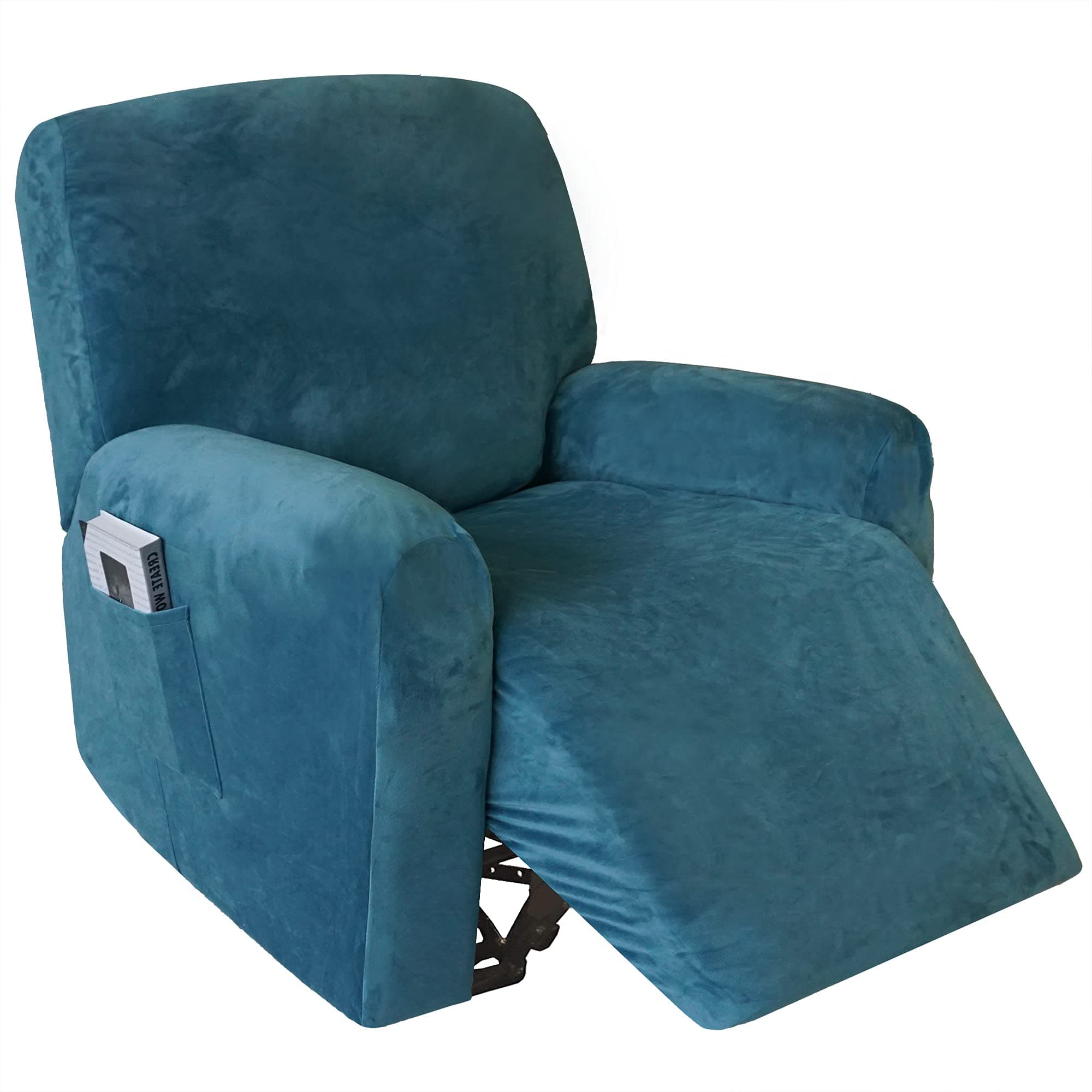 4 Pieces Stretch Velvet Recliner Chair Covers, Thick & Soft Recliner Slipcovers for Home Theater Chair with Side Pocket, Peacock Blue