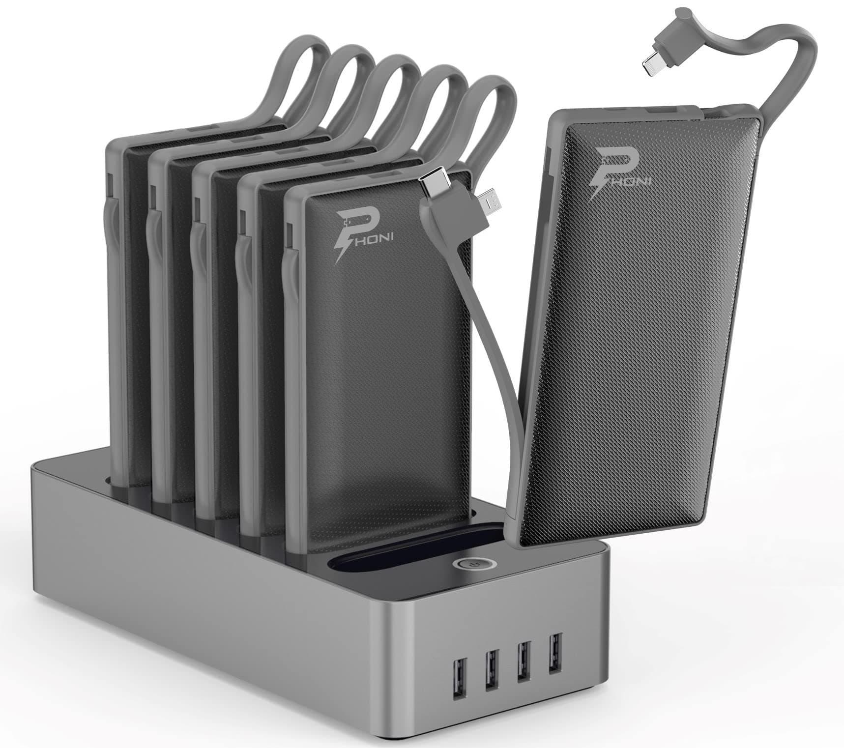 Phoni Power Bank Charger Station 6in1 Portable Battery Pack Built In Cable Lightning USB-C Micro USB Fast Charging Compact Slim 10000mah Compatible with iPhone Samsung iPad & More (Black)