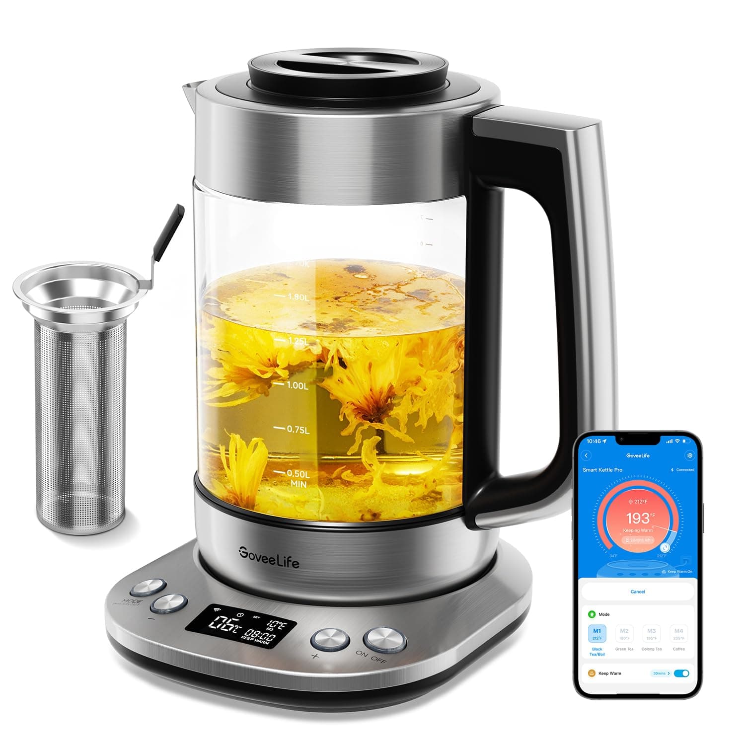 GoveeLife Smart Electric Kettle with Tea Infuser, 1.7 L Electric Kettle with Brewing Program, Variable Temperature Control, 2 H Keep Warm & Auto Shut off, BPA Free, Silver