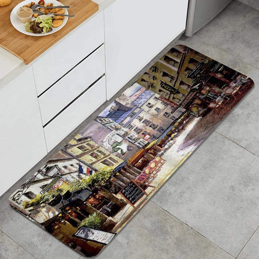 Paris Vintage Painting France Street Cafe European Building French Shops Anti Fatigue Kitchen Mat Comfort Floor Mats Non-Slip Oil Stain Resistant Easy to Clean Kitchen Rug