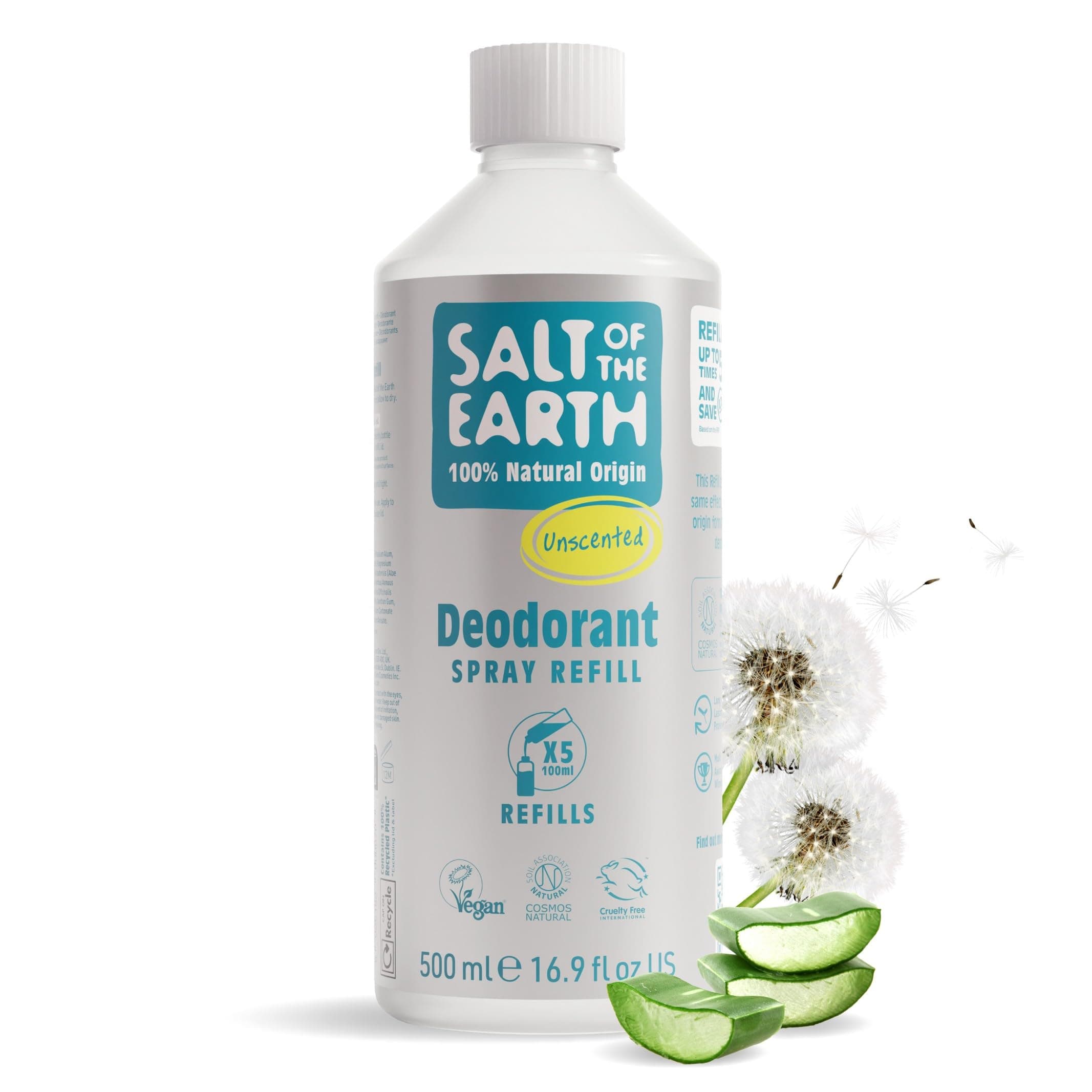 Natural Deodorant Spray Refill - Unscented - 100% Natural Origin Ingredients - Vegan - Suitable for Men, Women & Children - 500ml