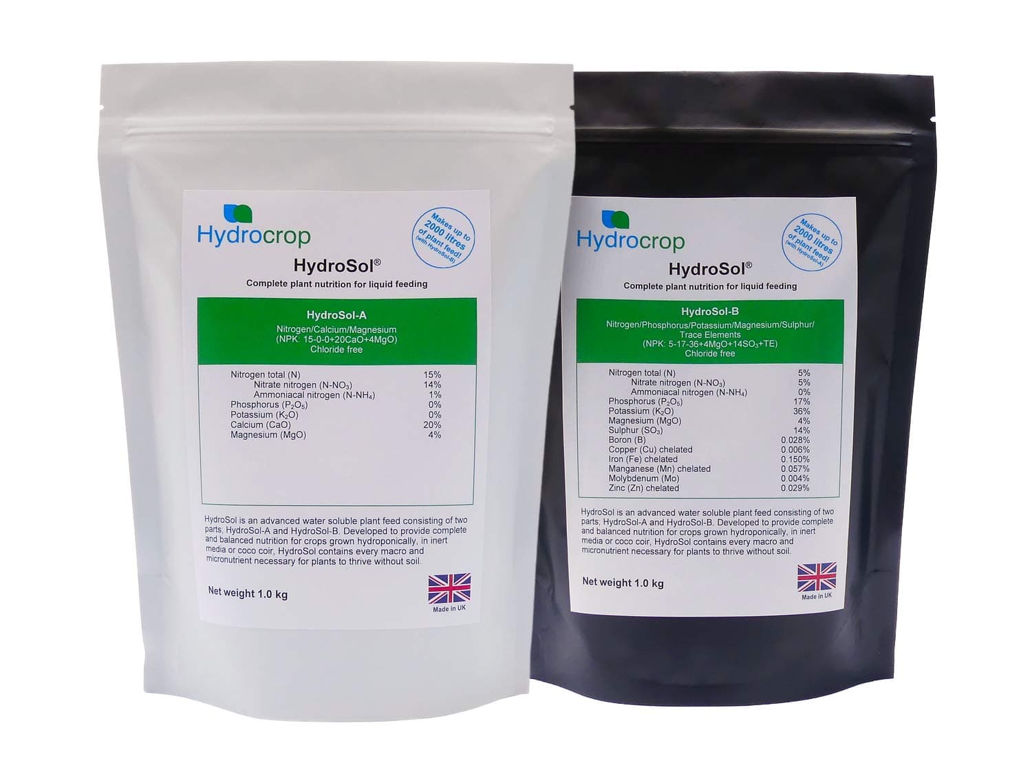 Soluble Dry Powder Complete Hydroponics/Coco Nutrients Plant Fertiliser Feed (500g each HydroSol A & B)