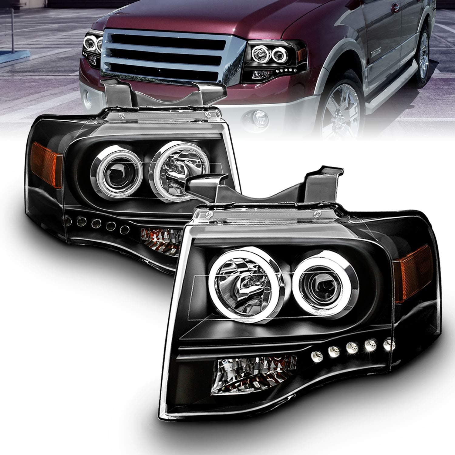 Black Xtreme LED Halos Projector Headlights for 2007-2014 Ford Expedition - Passenger and Driver Side
