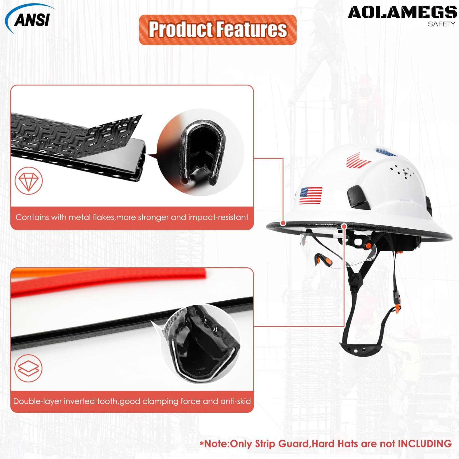 Aolamegs Safe Full Brim Hard Hat Guard, Hard Hat Accessories, Strengthen Helmet Protection, 1PCS Length 36.6in, Black (Hard Hat Not Including）