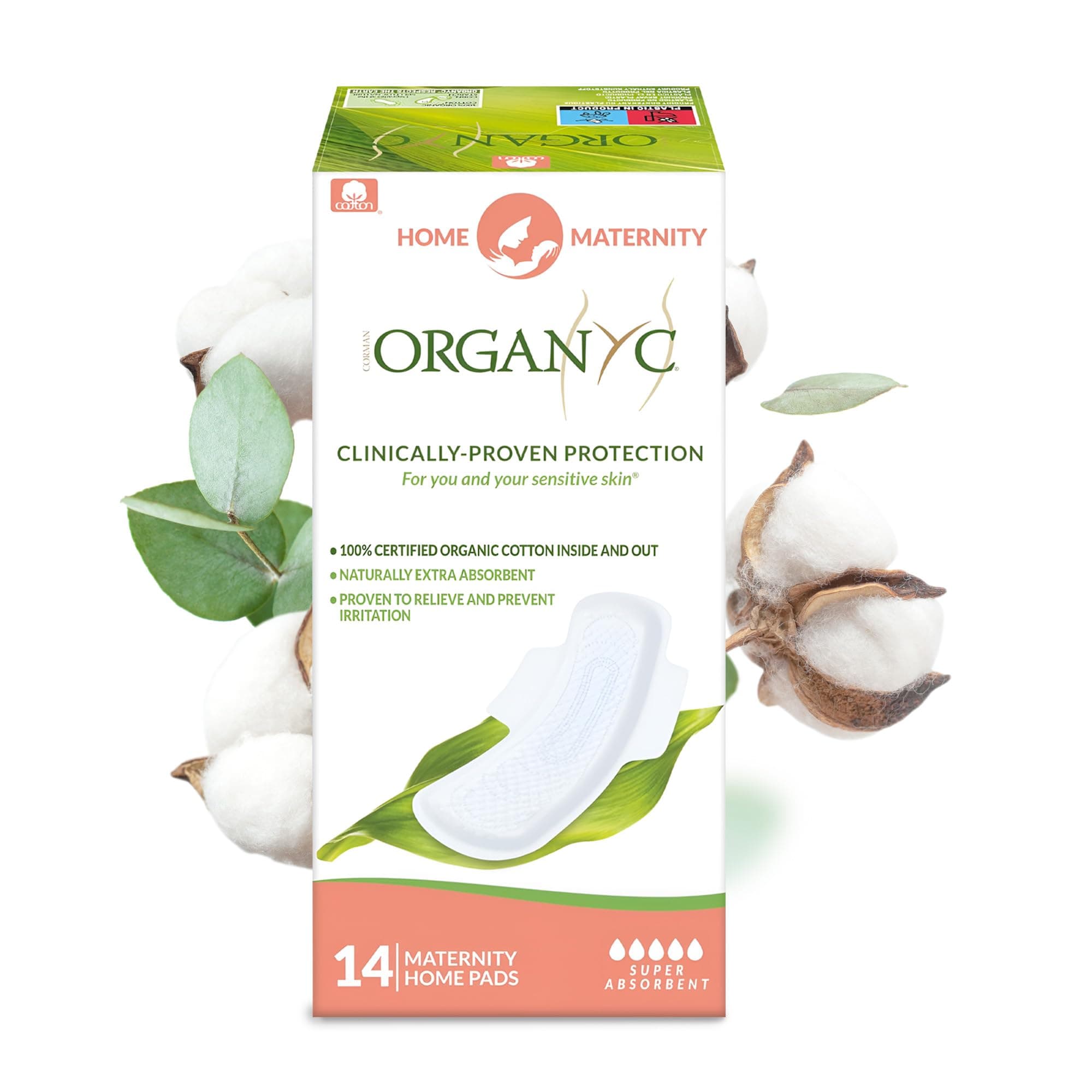Organyc Home Postpartum Pads, Certified Organic Cotton Pads for Women, Large Pads for Heavy Flow Days After Childbirth, 14 Counts