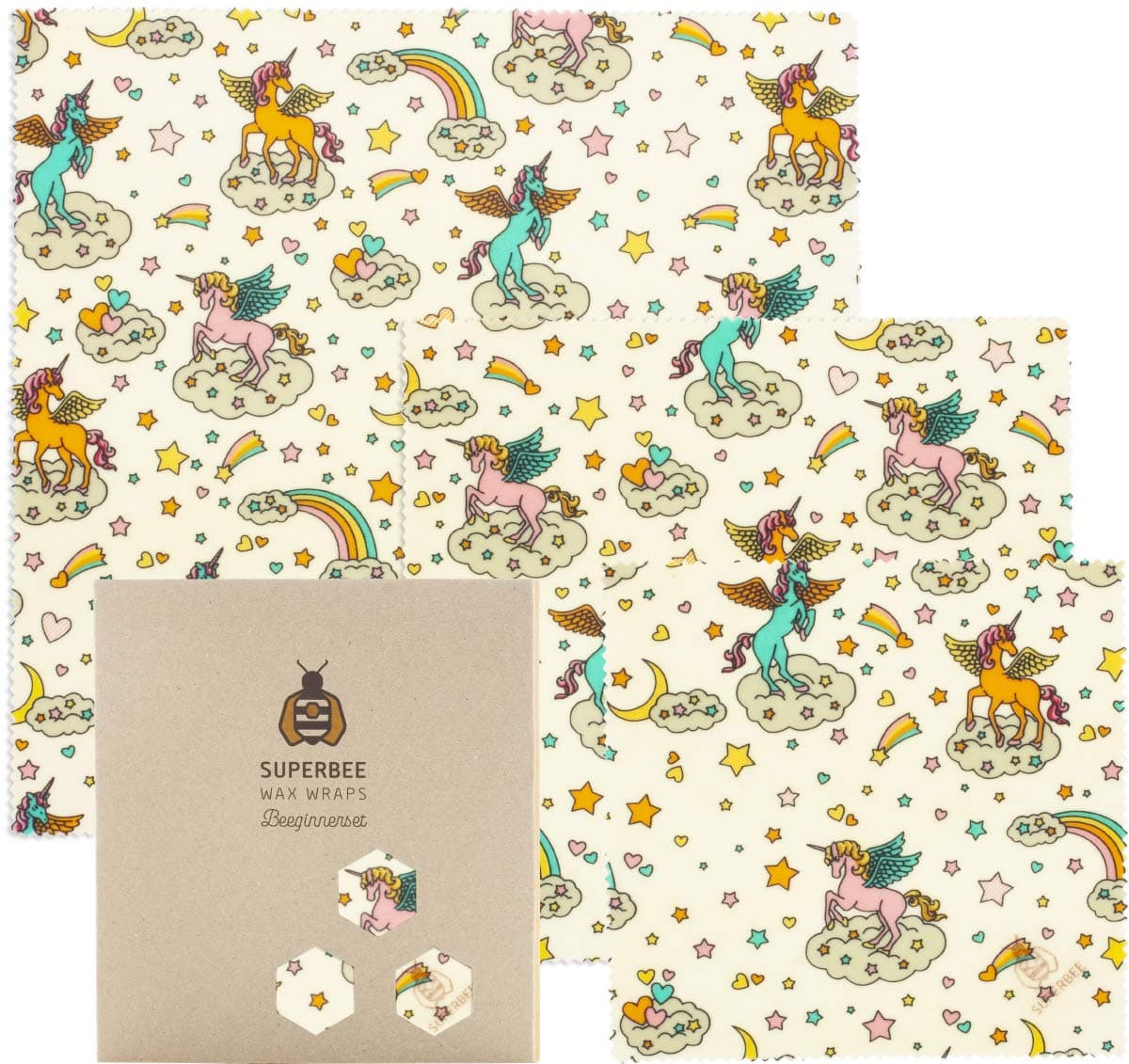 SuperBee Premium Beeswax Wraps | Set of 3: Small, Medium and Large | Long-Lasting, Organic, Eco Friendly & Ethical Trade Reusable Food Wraps - Unicorns