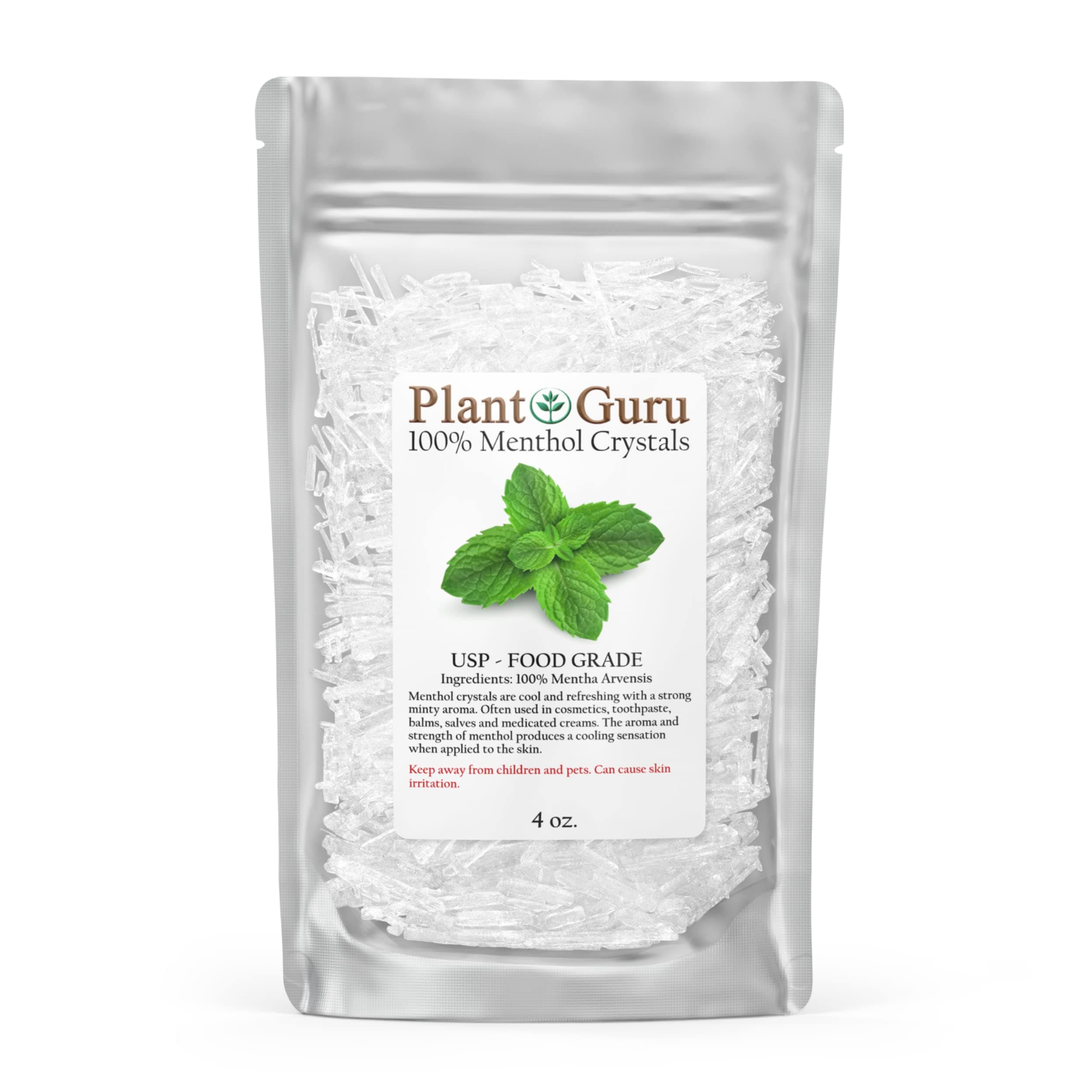 Plant Guru Menthol Crystals 4 oz. Mentha Arvensis 100% Pure Natural USP Food Grade - Great for Cosmetics, Salves, Balms, Creams and Soap Making.