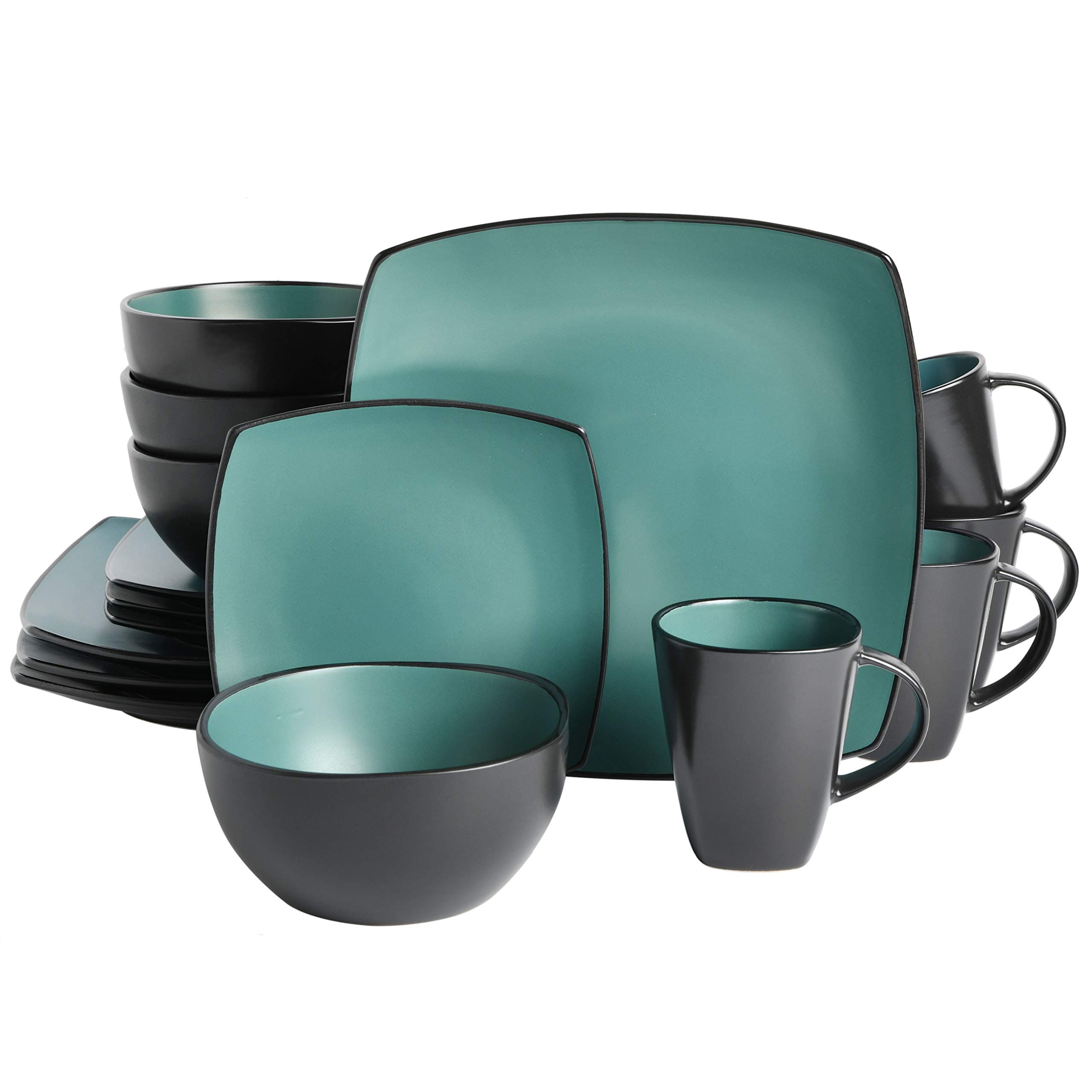 Soho Lounge Square Reactive Glaze Stoneware Dinnerware Set, Service for 4 (16pc), Matte Jade