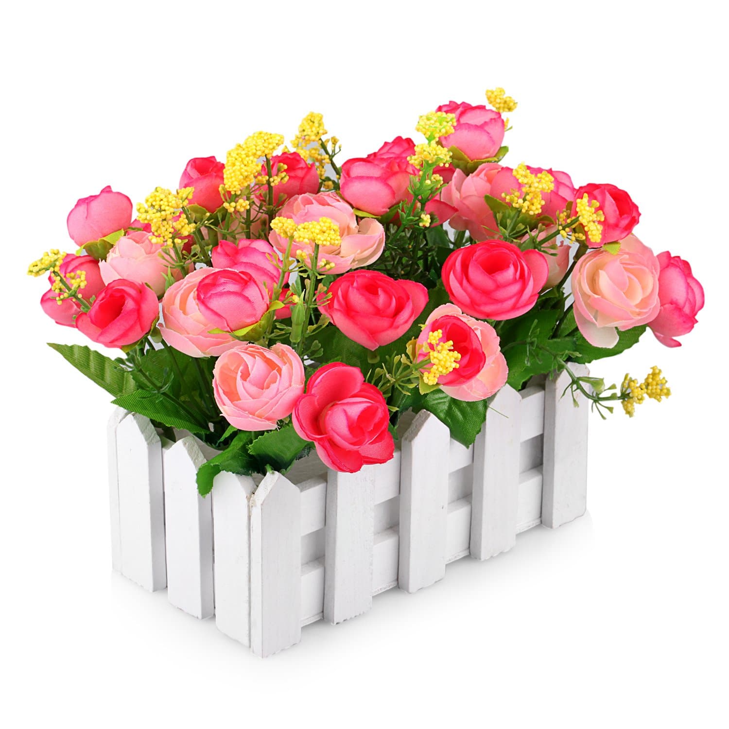 Louis Garden Artificial Flowers Fake Rose in Picket Fence Pot Pack - Mini Potted Plant (Pink)