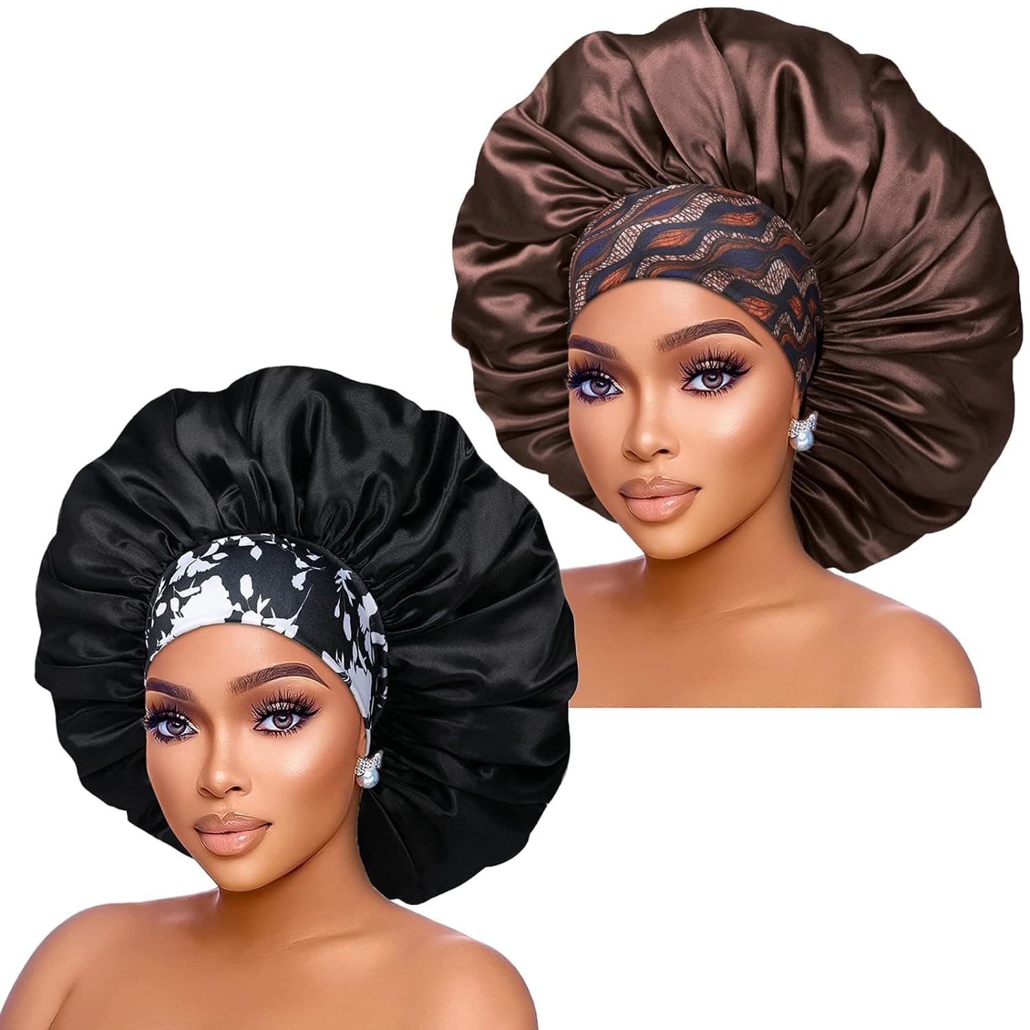 Silk Satin Bonnet Hair Cap: 2pcs 17inch Diameter Extra Large Jumbo Sleeping Satin Bonnets with Comfortable Flower Band - High Density Satin Bonnets for Women Braids Curly Night Cap(Black & Coffee)