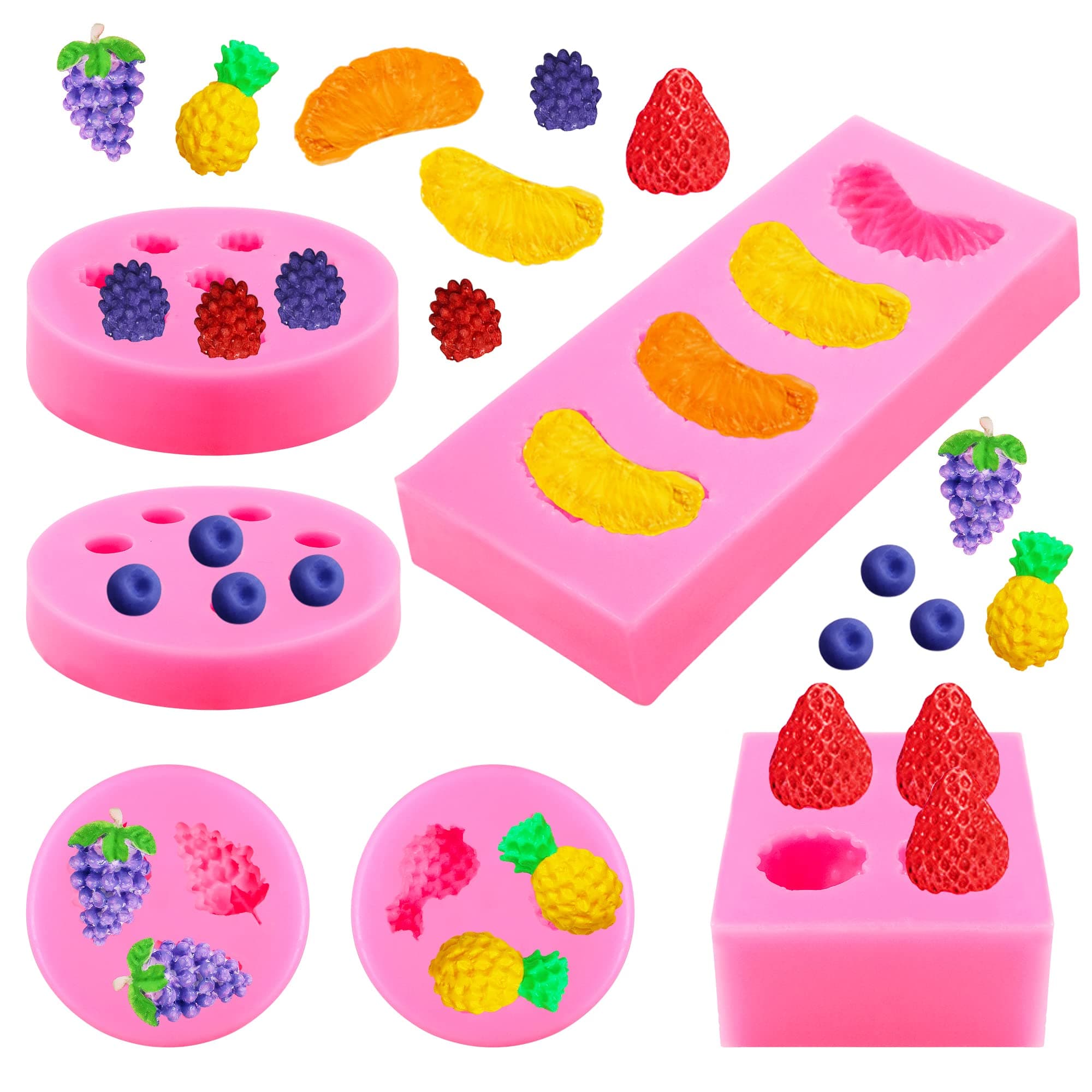 6-Piece Fruit Shaped Silicone Molds - Strawberry, Orange, Pineapple, Mulberry, Blueberry, Grape - Fondant & Chocolate Molds for Cupcake Decorating
