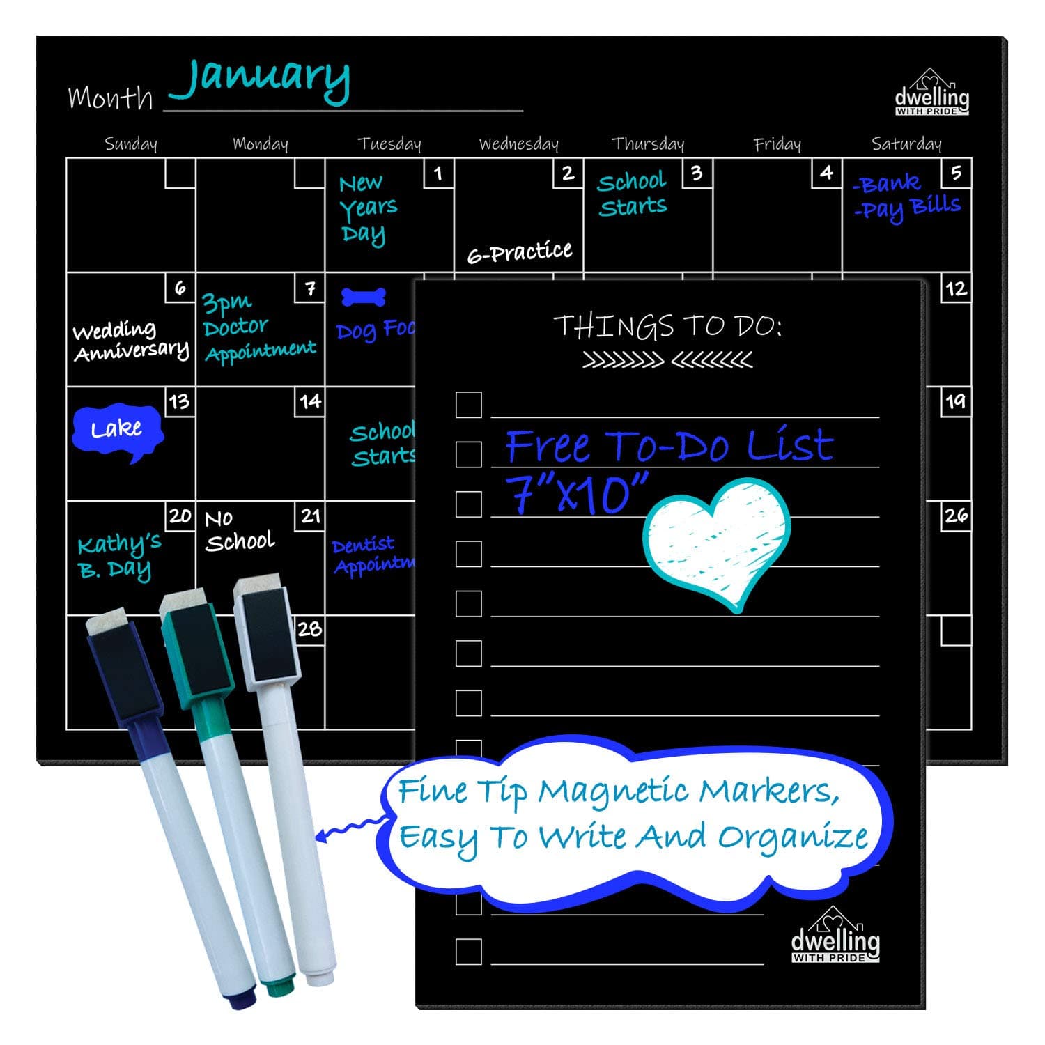 Magnetic Board for Refrigerator - Magnetic Dry Erase Board - Fridge Magnet Board - with 3 Magnetic Pens and to-Do List (Black, Calendar)