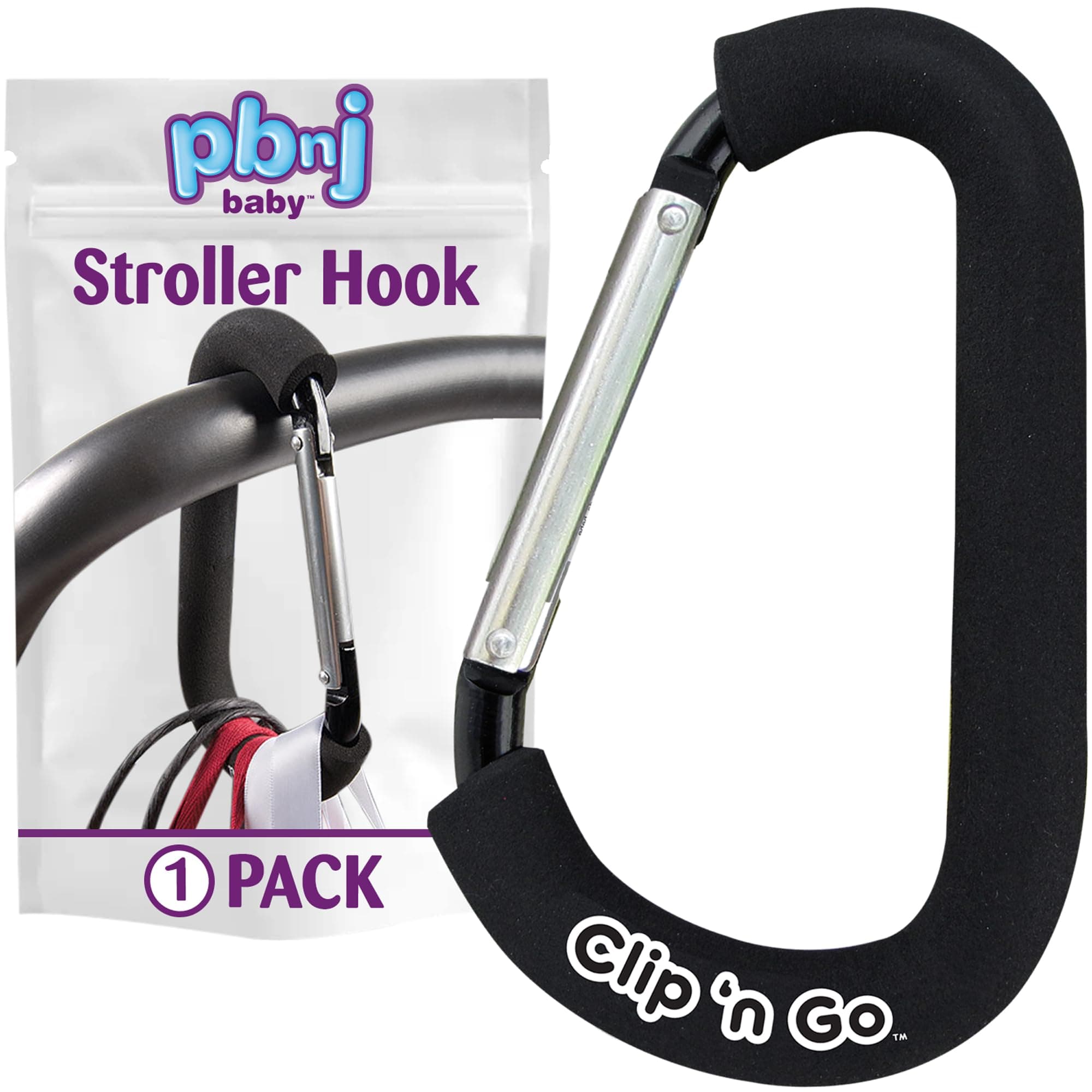 PBnJ baby Stroller Hooks for Hanging Diaper Bags - Mommy Stroller Clip and Stroller Accessories Organizer Hook - Large Carabiner Clips for Mom Purse Shopping Grocery Bag and Accessory - (1 Pack)