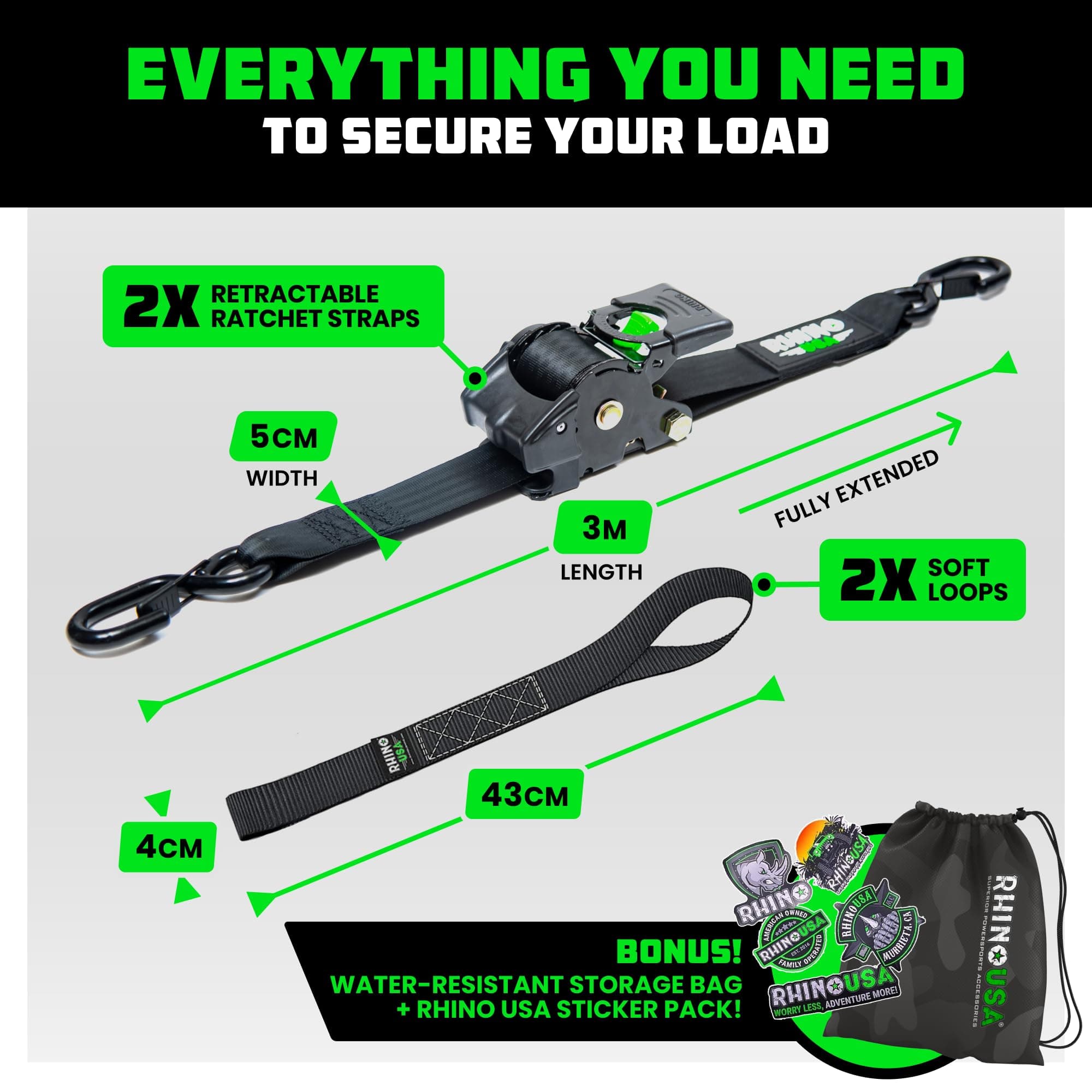 Rhino USA Retractable Ratchet Straps (2-Pack) - 5cm x 3m (1,360kg Break Strength) - Heavy Duty Auto Self-Retracting Tie Down Straps for Truck, Cargo Trailer, Motorcycle, Bike & More - Black