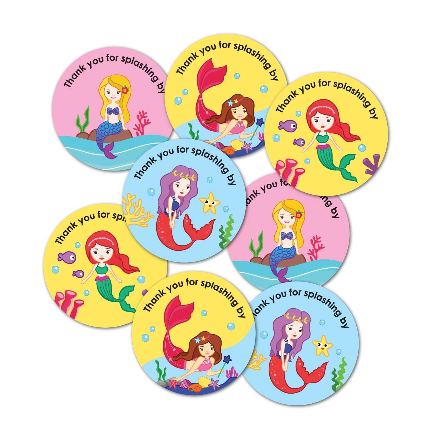Paper Mermaid Theme Thank You Party Stickers, 40 Count, 2 Inches, Round, 4 Unique Designs