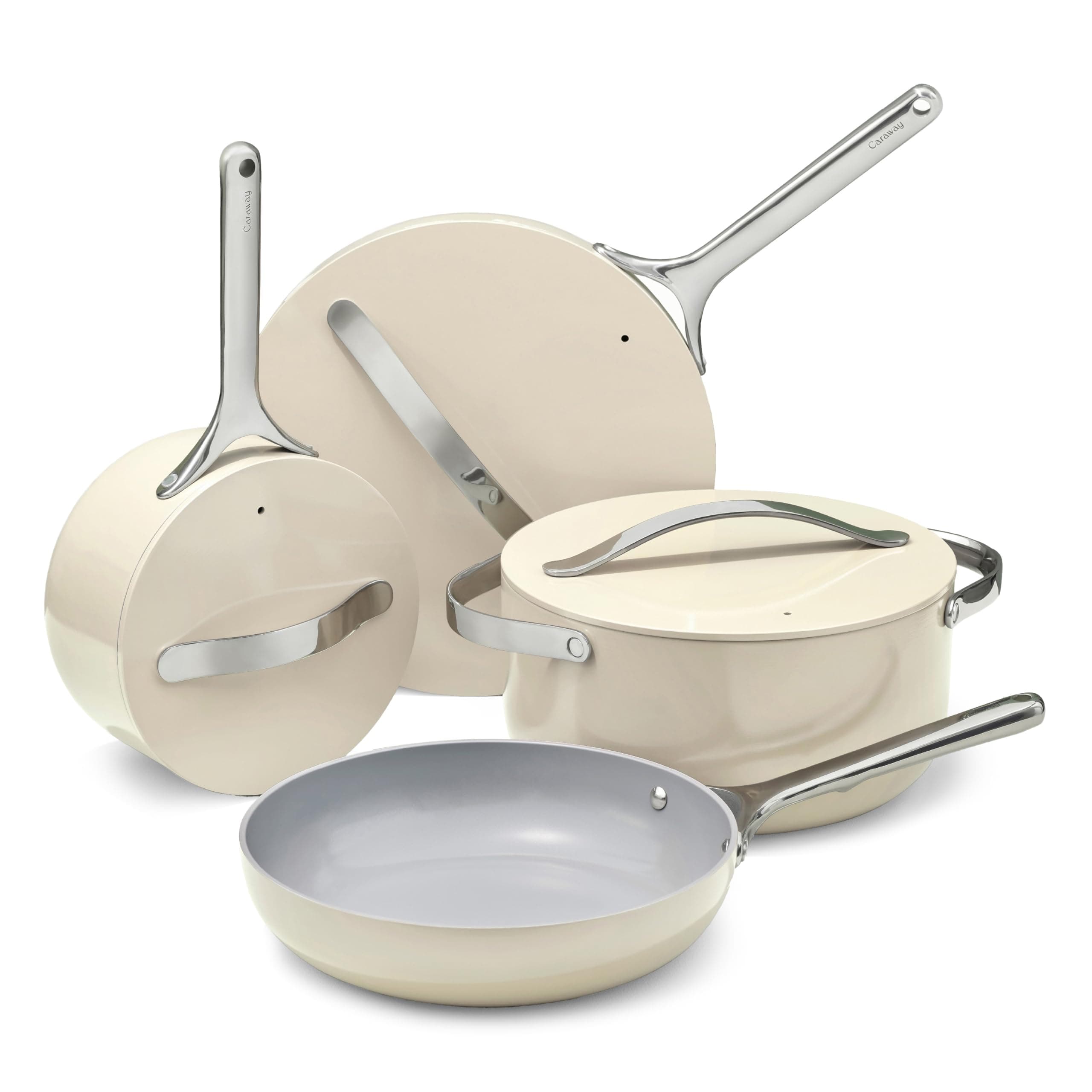 Caraway Nonstick Ceramic Cookware Set (12 Piece) Pots, Pans, Lids and Kitchen Storage - Non Toxic, PTFE & PFOA Free - Oven Safe & Compatible with All Stovetops (Gas, Electric & Induction) - Cream
