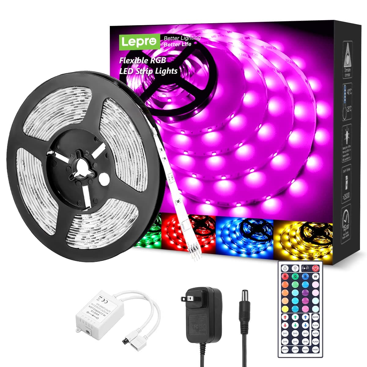Lepro Indoor LED Strip Lights, 16.4ft RGB Color Changing 5050 SMD LED Light Strip with Remote & 24V Power Adapter for Home Decor, Bedroom, TV Backlight