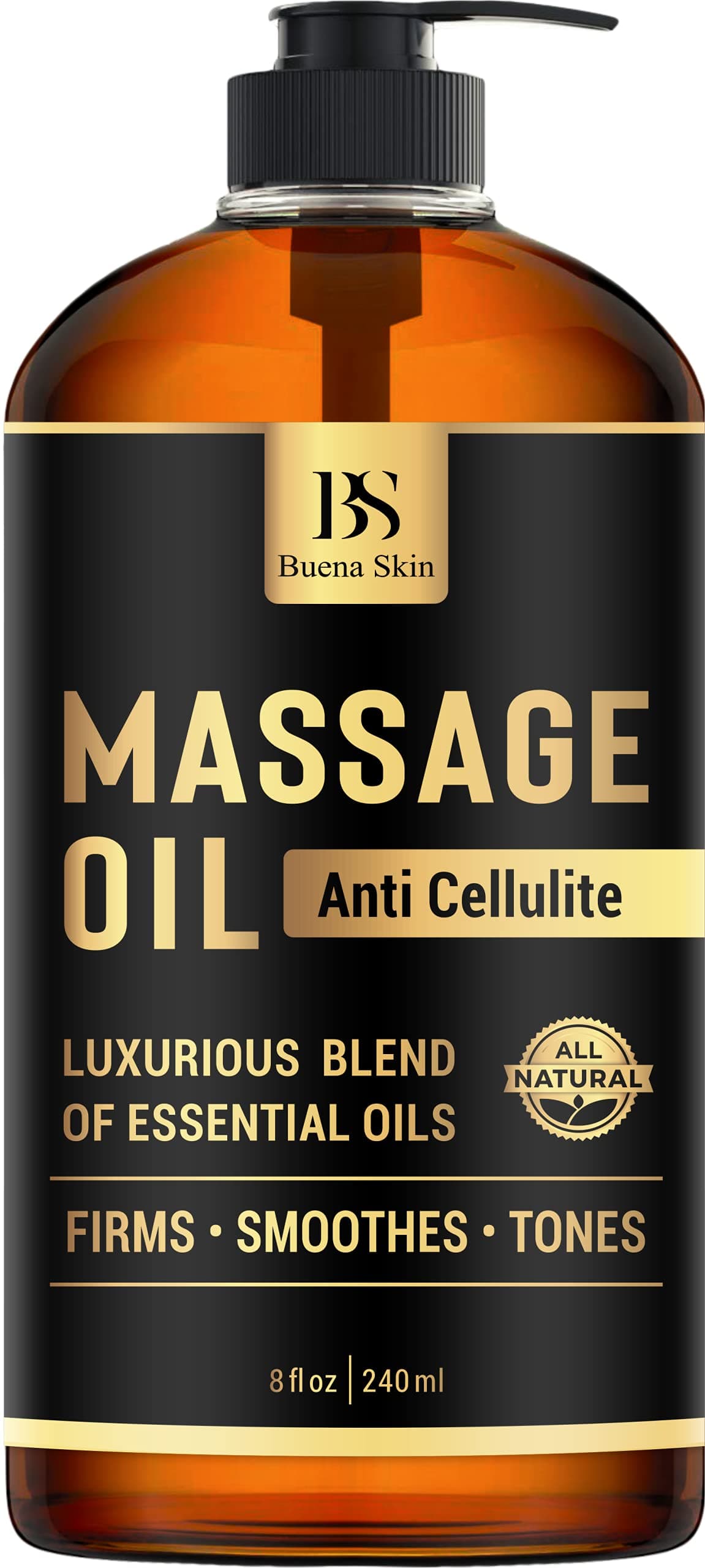 Cellulite Treatment Massage Oil - Penetrates Skin 6X Deeper Than Cellulite Cream -100% Natural Ingredients, Targets Unwanted Fat Tissue - by Buena Skin 8 OZ