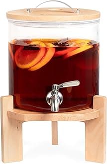 Navaris Beverage Dispenser with Stand - 1.3 Gallon (5L) Glass Drink Dispenser with Stainless Steel Spigot - Drinks Water Parties - Natural Beech Wood