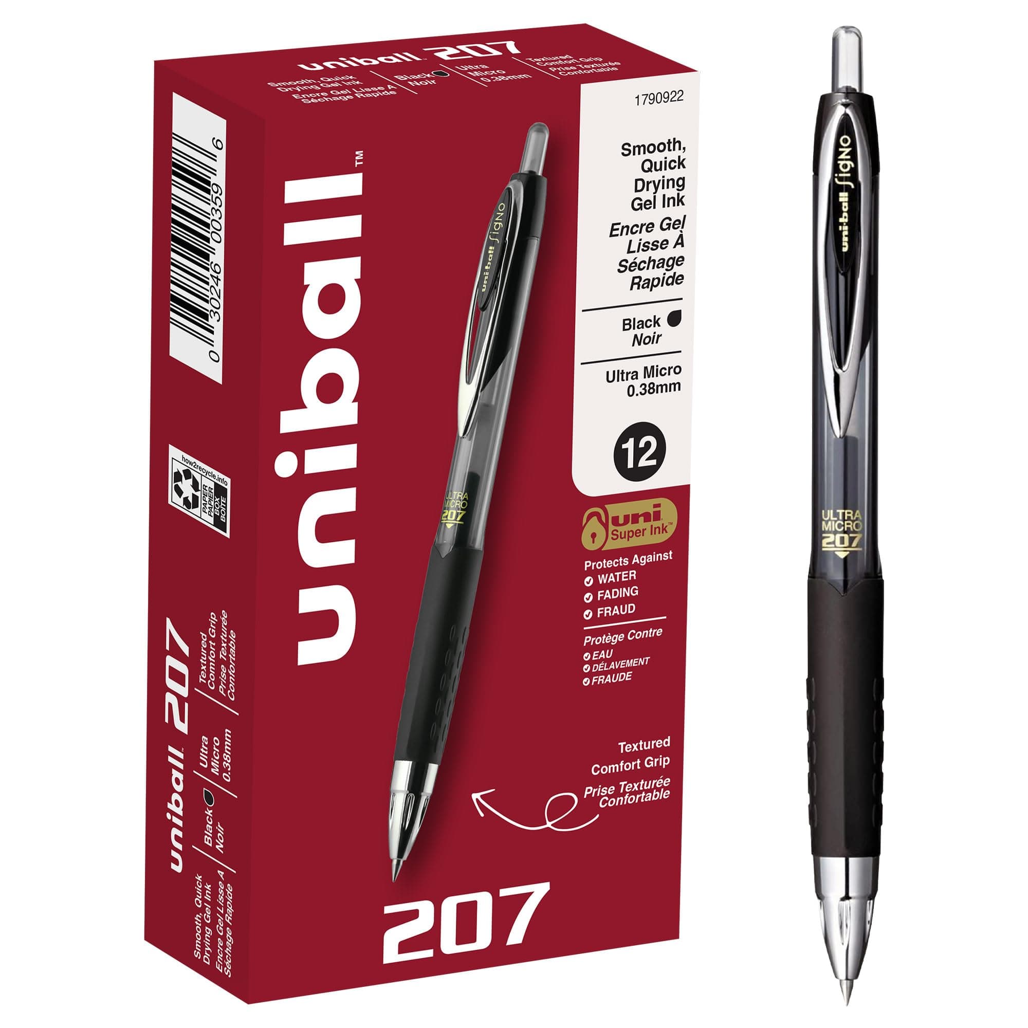 uniball 207 Retractable Gel Pens, Ultra Micro Point (0.38mm), Black, 12 Pack