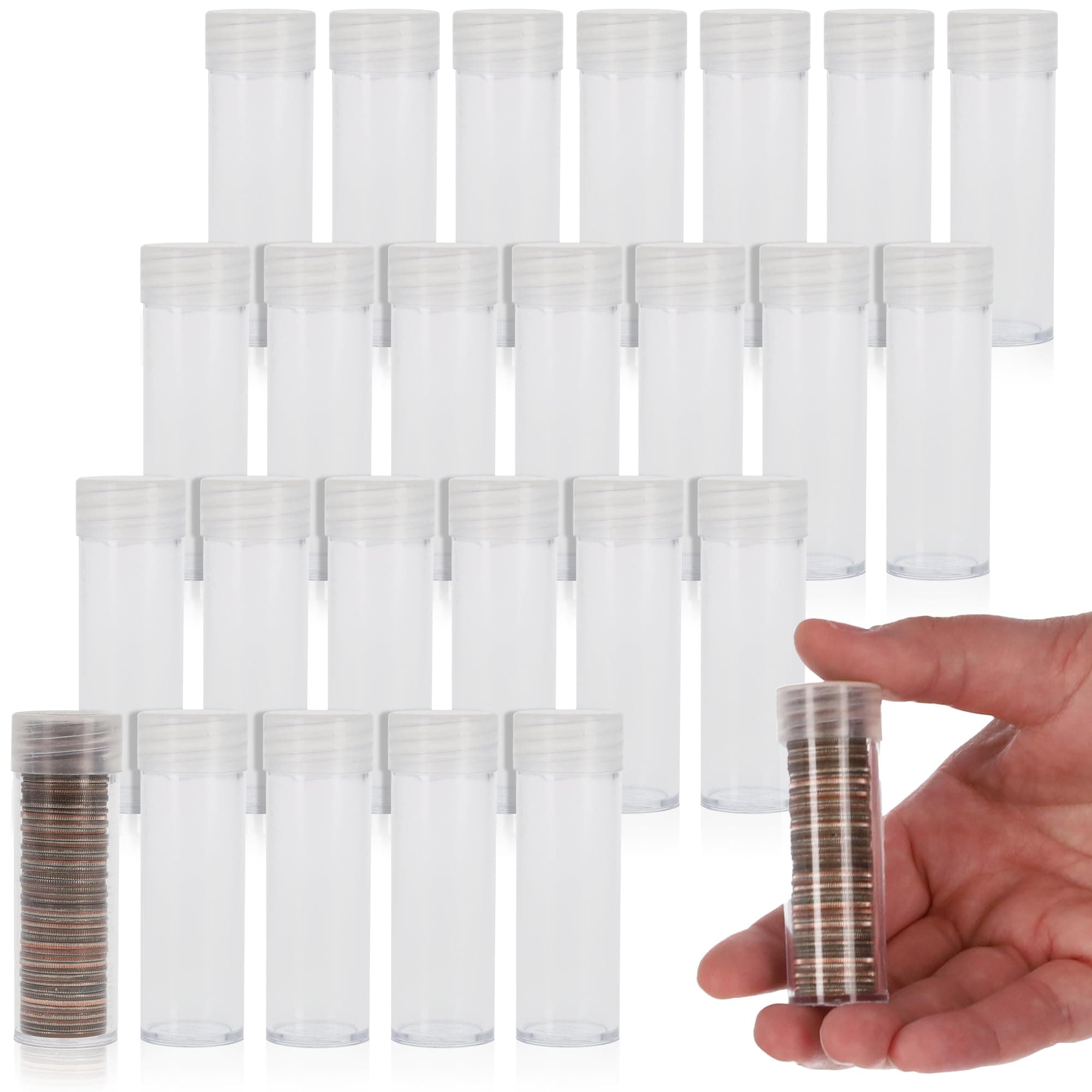 COIN STORAGE TUBES, round clear plastic w/ screw on tops for DIMES (Quantity of 25 tubes)