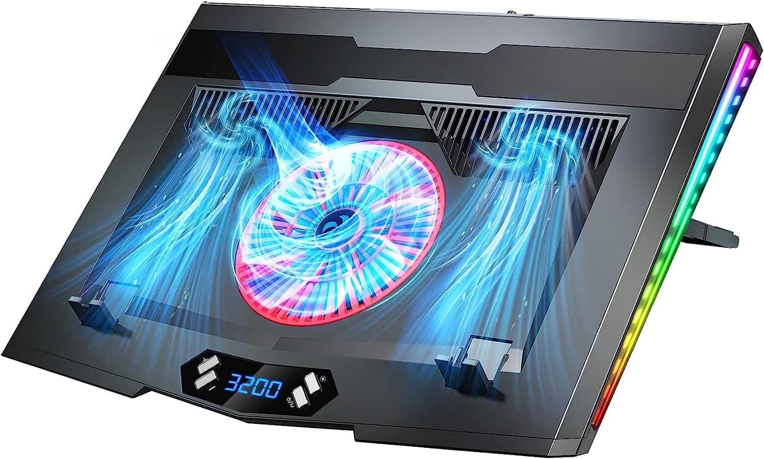 LIANGSTAR Laptop Cooling Pad 12-17.3 Inch, RGB Gaming Laptop Cooler with Powerful Turbo-Fan 3200 RPM, 12 Modes Light, 7 Height Stands, Ergonomic Design, 2 USB Ports, Dust Filter