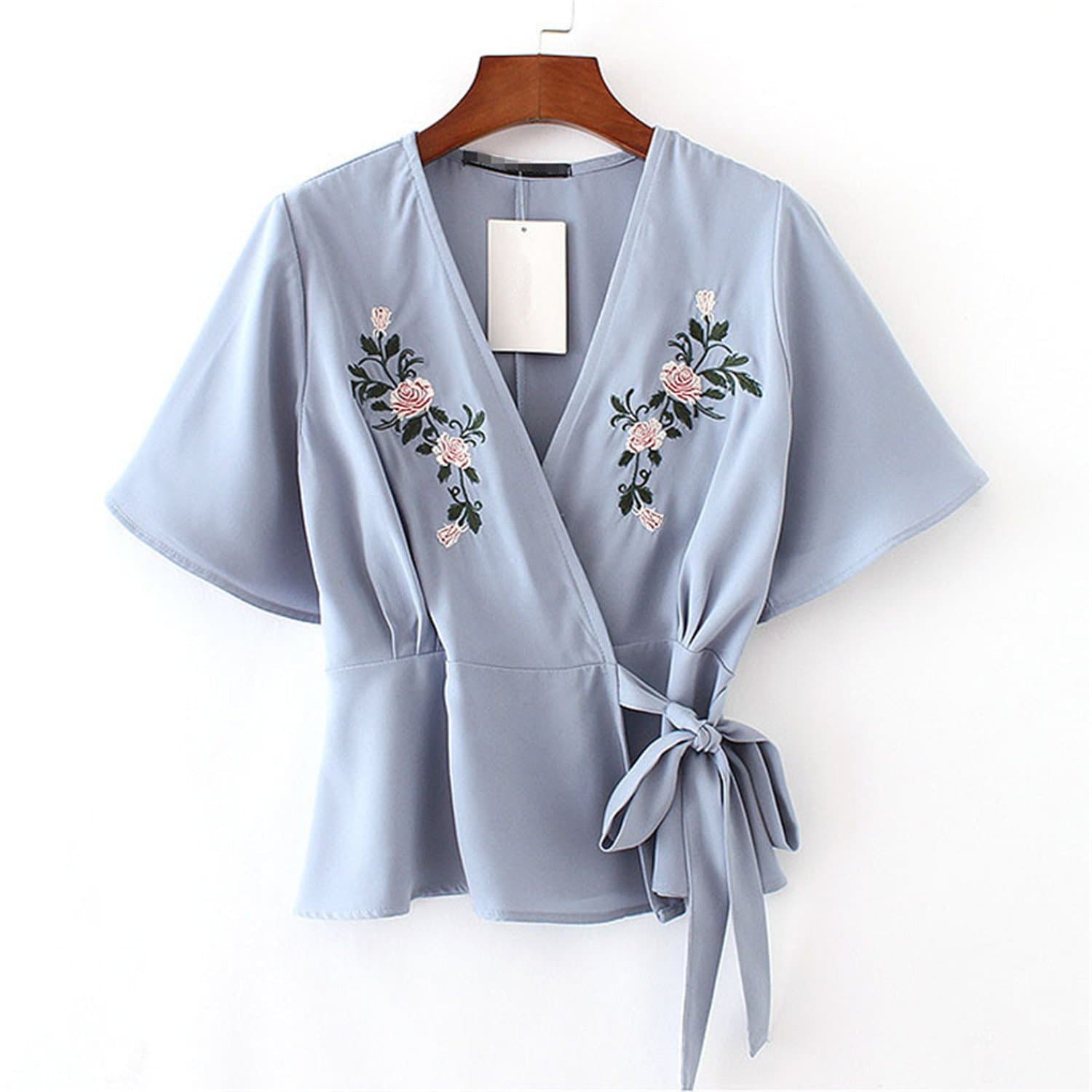 QINZOUTIANXIA Trendy Women Kimono Bow Tie Blusa Floral Embroidery Blouses