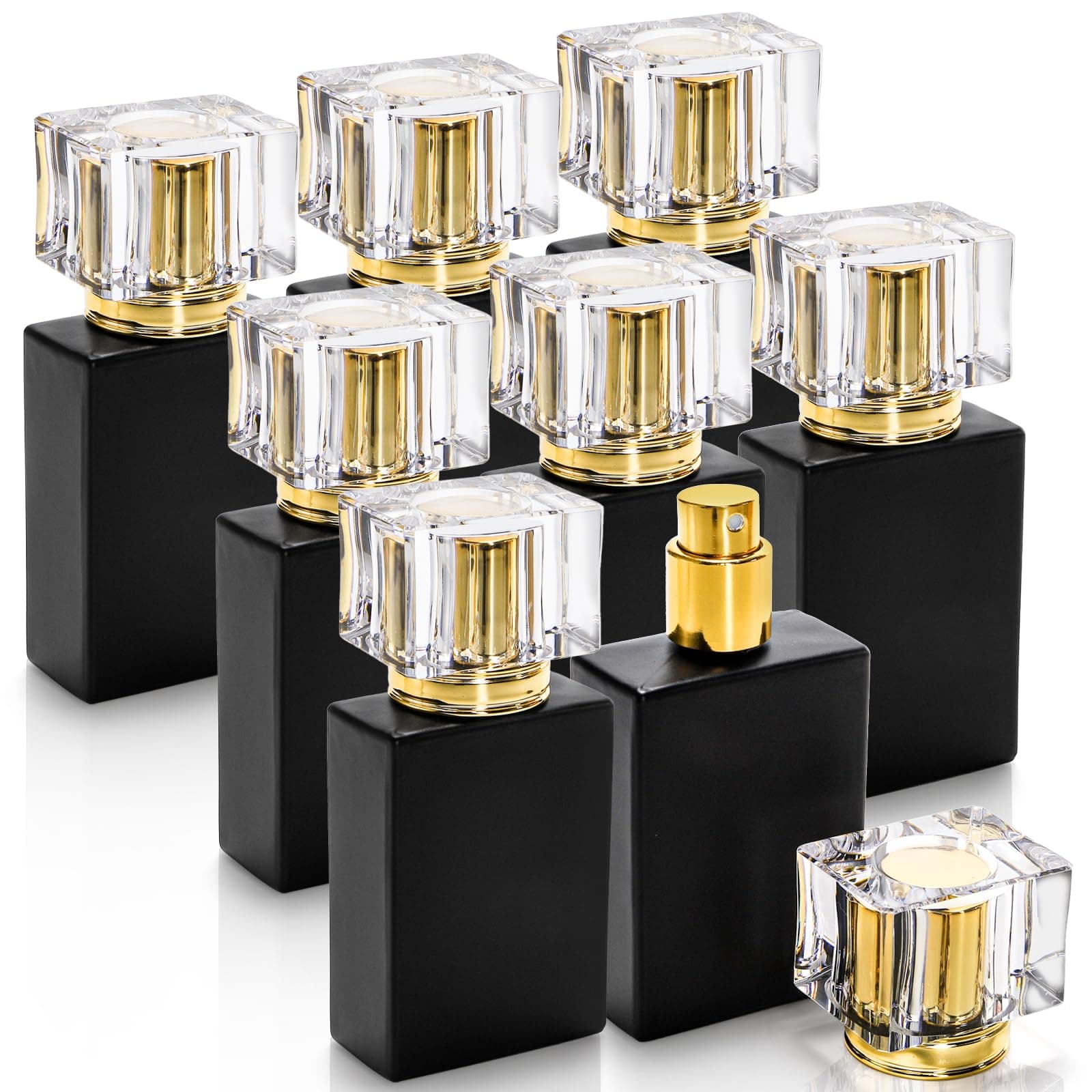 Foraineam 8 Pack 30ml / 1 oz. Black Refillable Perfume Bottles, Portable Square Empty Glass Perfume Atomizer Bottle with Spray Applicator