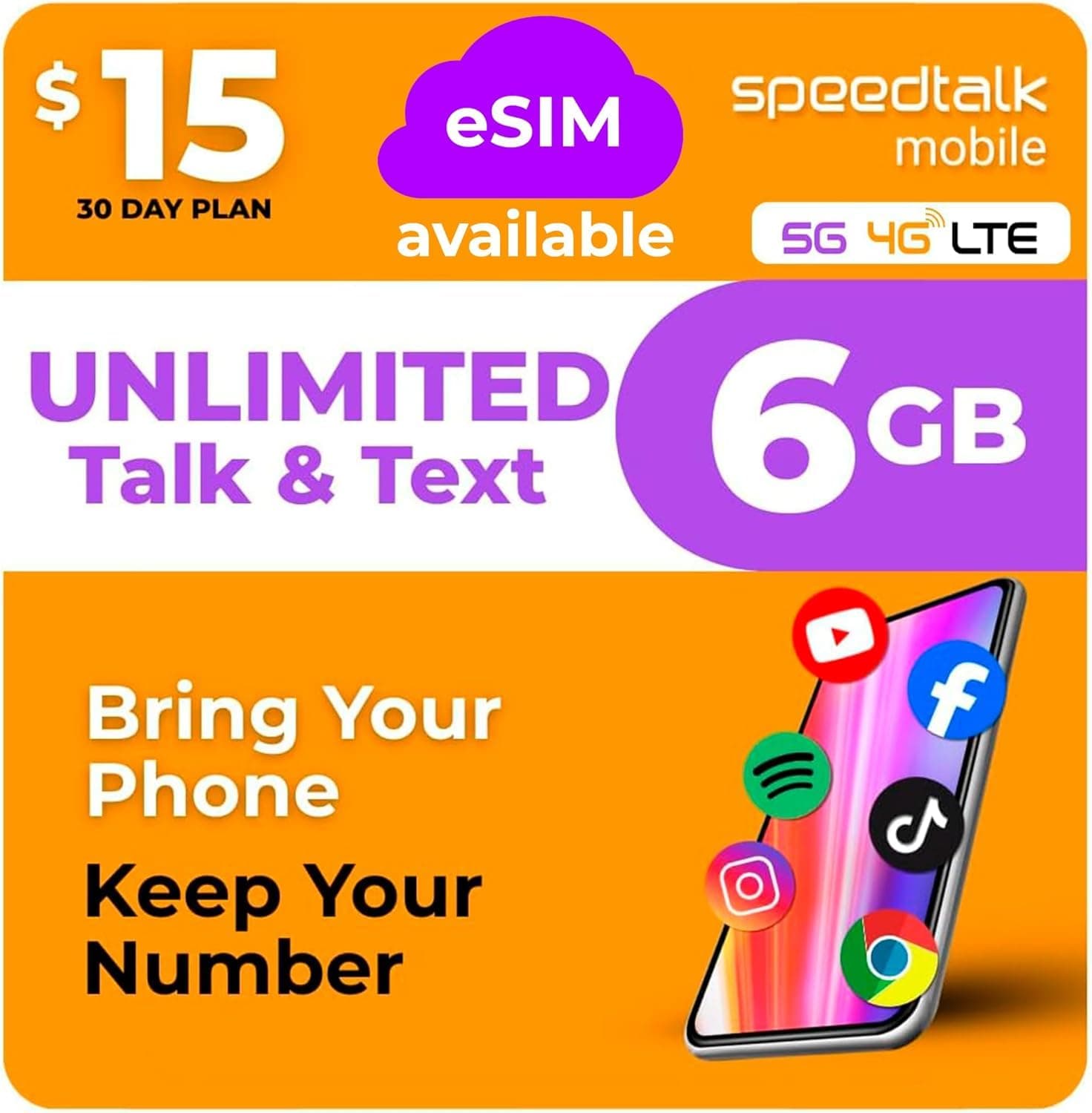 SpeedTalk Mobile Prepaid SIM Card Unlimited Talk & Text 6GB of 5G 4G LTE Data 30 Days Cell Phone Service Prepaid Subscription Plan Cancel Anytime 3in1 Simcard -Standard Micro Nano