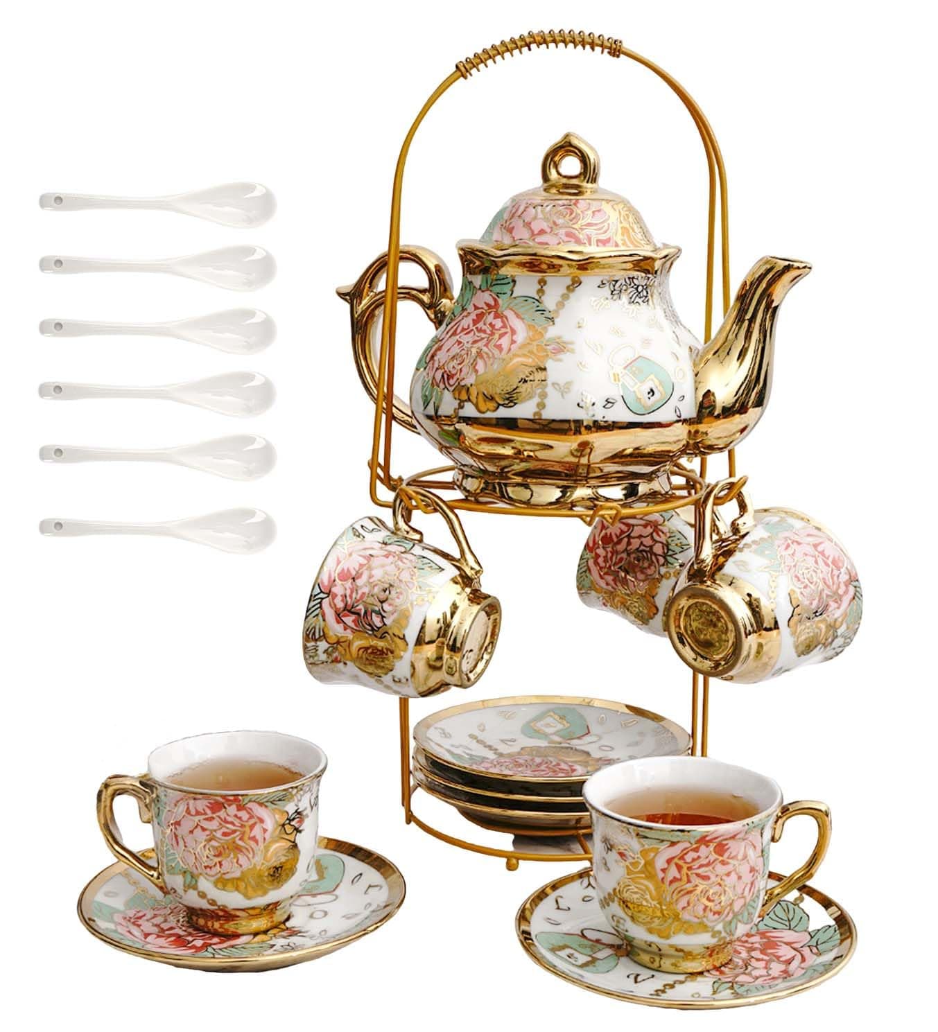 20 Pieces European Vintage Ceramic Tea Set with Metal Cup Holder, Adult Tea Set, Women's Afternoon Tea Set (golden rose, medium)