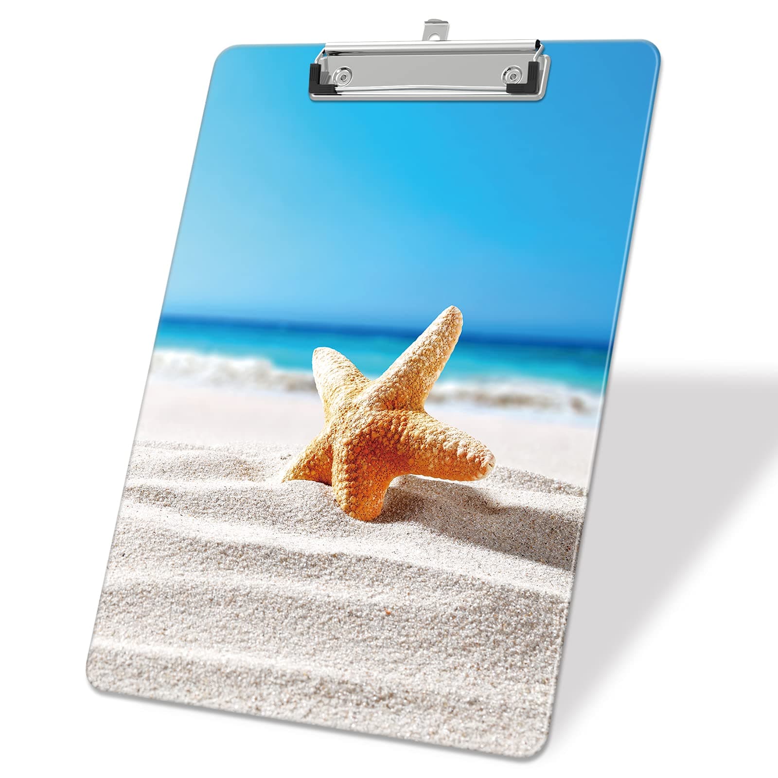 Plastic A4 Clipboards, Cute Clip Board Stardard Letter Size 9 x 12.5 in, Office Decorative for Students Women Men and Kids, Beach Starfish