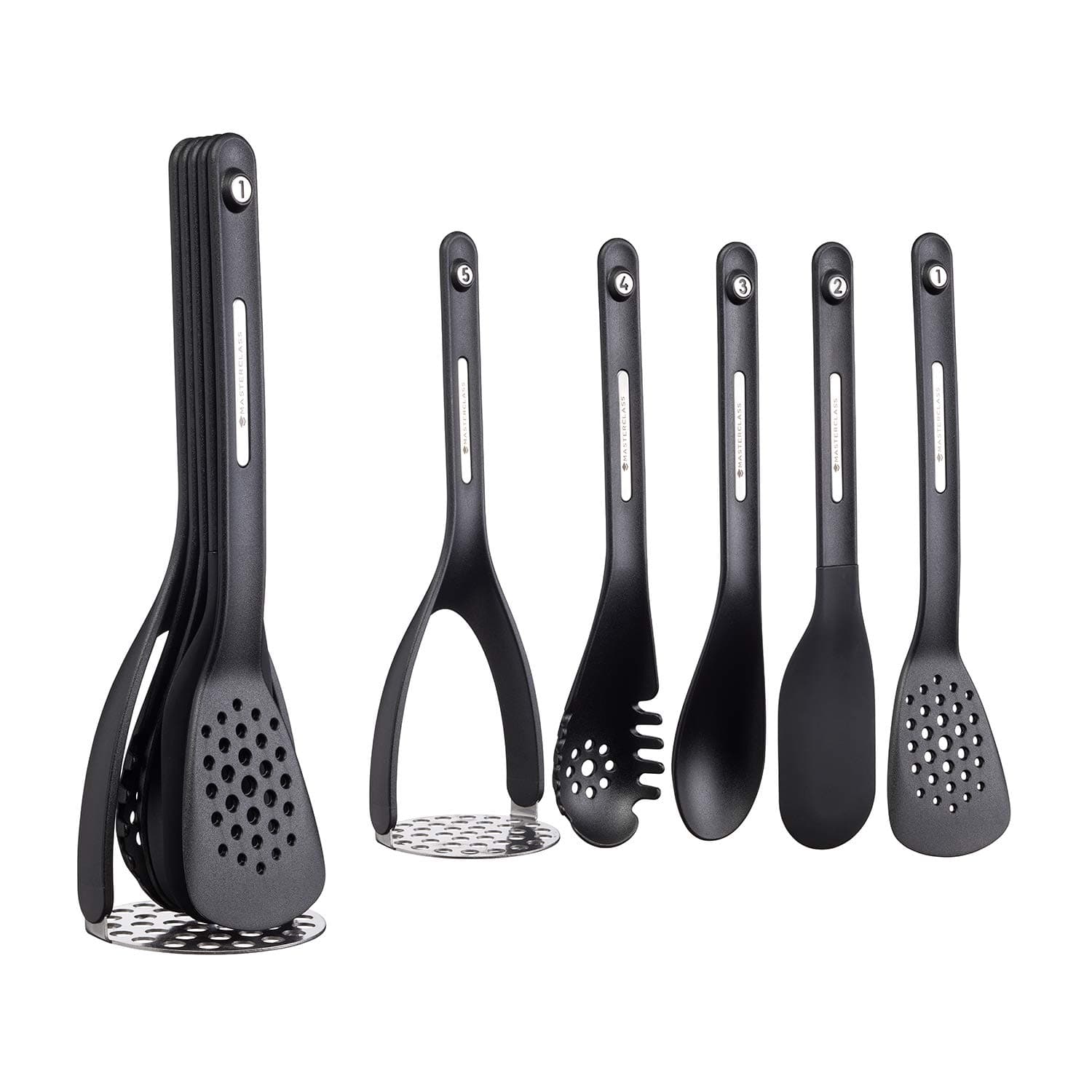 MasterClass Smart Space Nesting Magnetic Plastic / Silicone Kitchen Utensil Set, 9 x 9 x 3 cm (3.5" x 3.5" x 12") - Black (5 Pieces)