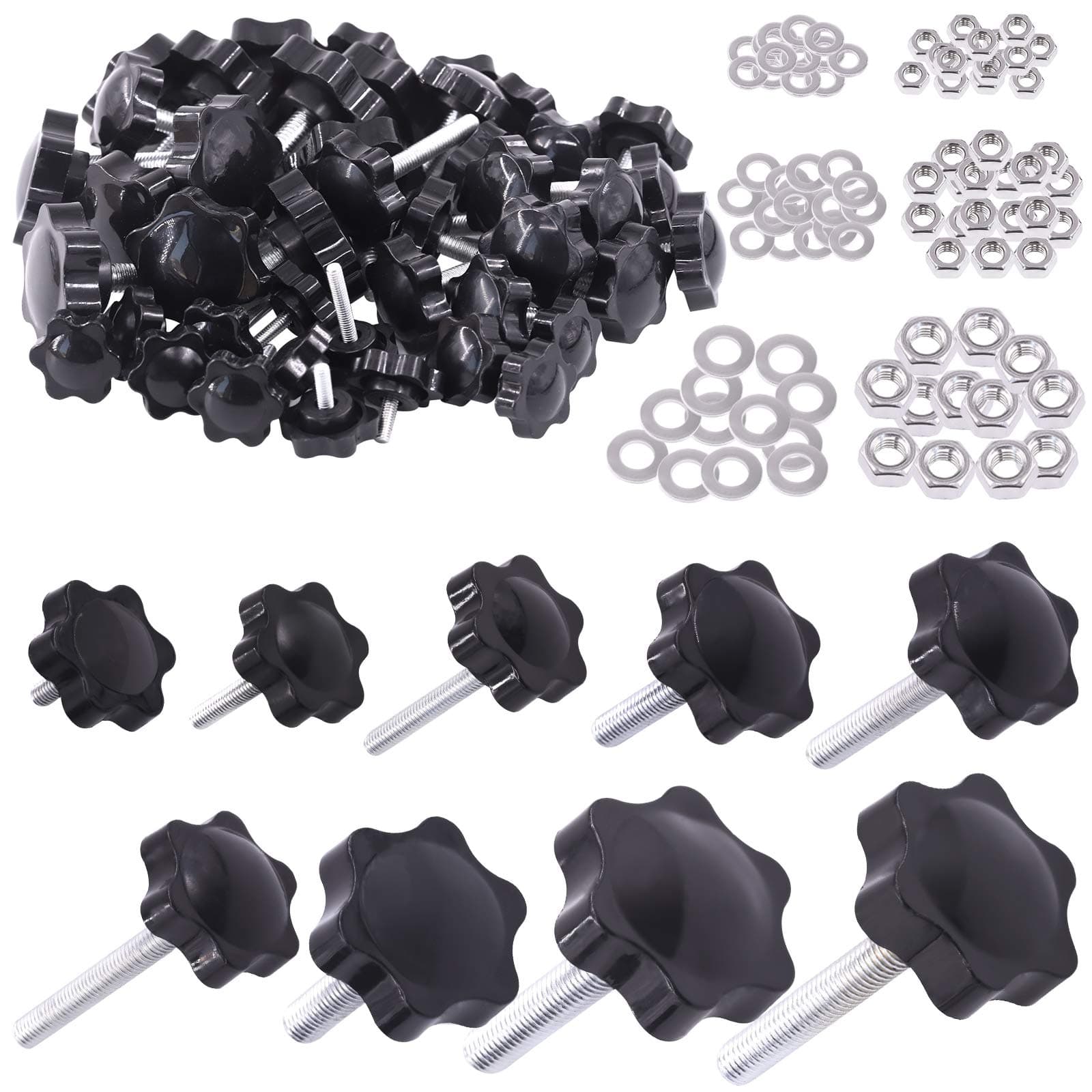 45 Sets M4 M6 M8 Star Knobs Male Thread Clamping Knob Screw Hand Tightening Knob Quick Removal Replacement Parts with 304 Stainless Steel Hex Nuts and Flat Washers Assortment Kit