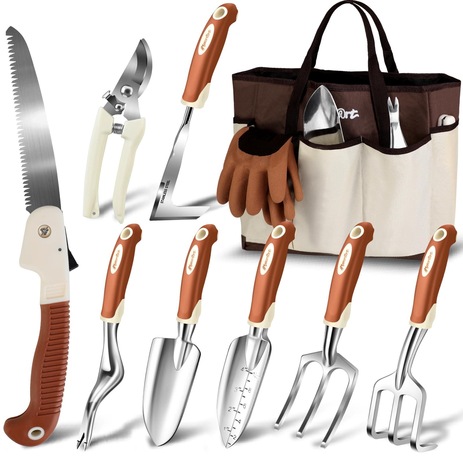 Garden Tool Set,10 Pcs Heavy Duty Gardening Hand Tool Kit for Women Aluminum with Non Slip Ergonomic Handle, Storage Tote Bag and Gardening Gloves, Ideal Gifts for Women and Men