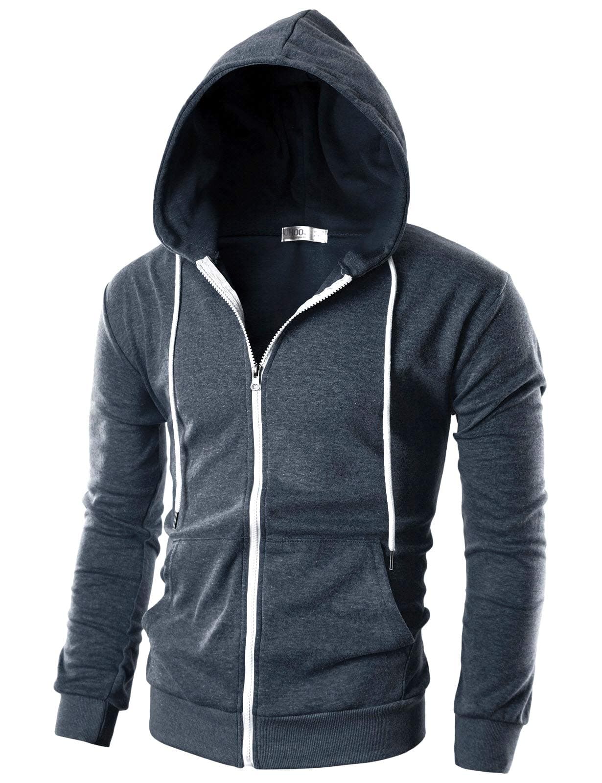 Ohoo Men's Slim Fit Long Sleeve Lightweight Zip-up Hoodie with Kanga Pocket /DCF002-NAVYMELANGE-3XL