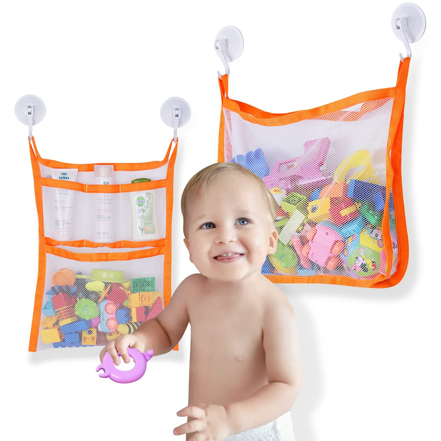 Bath Toy Organizer, SUNDOKI Bath Toy Holder Storage Bags with 4 Suction Cup Hooks and 2 Bath Toy Nets for Kids, Toddlers and Adults (Orange)
