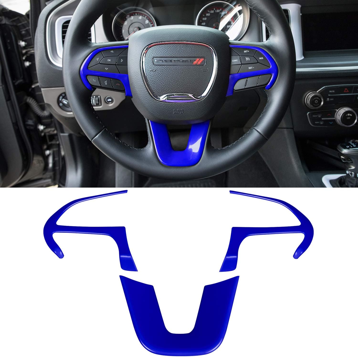 Steering Wheel Cover Trim Interior Accessories Decoration Kit for 2015-2024 Dodge Challenger Charger, for 2014-2024 Dodge Durango & Jeep Grand Cherokee SRT8 (Blue 3PCS)